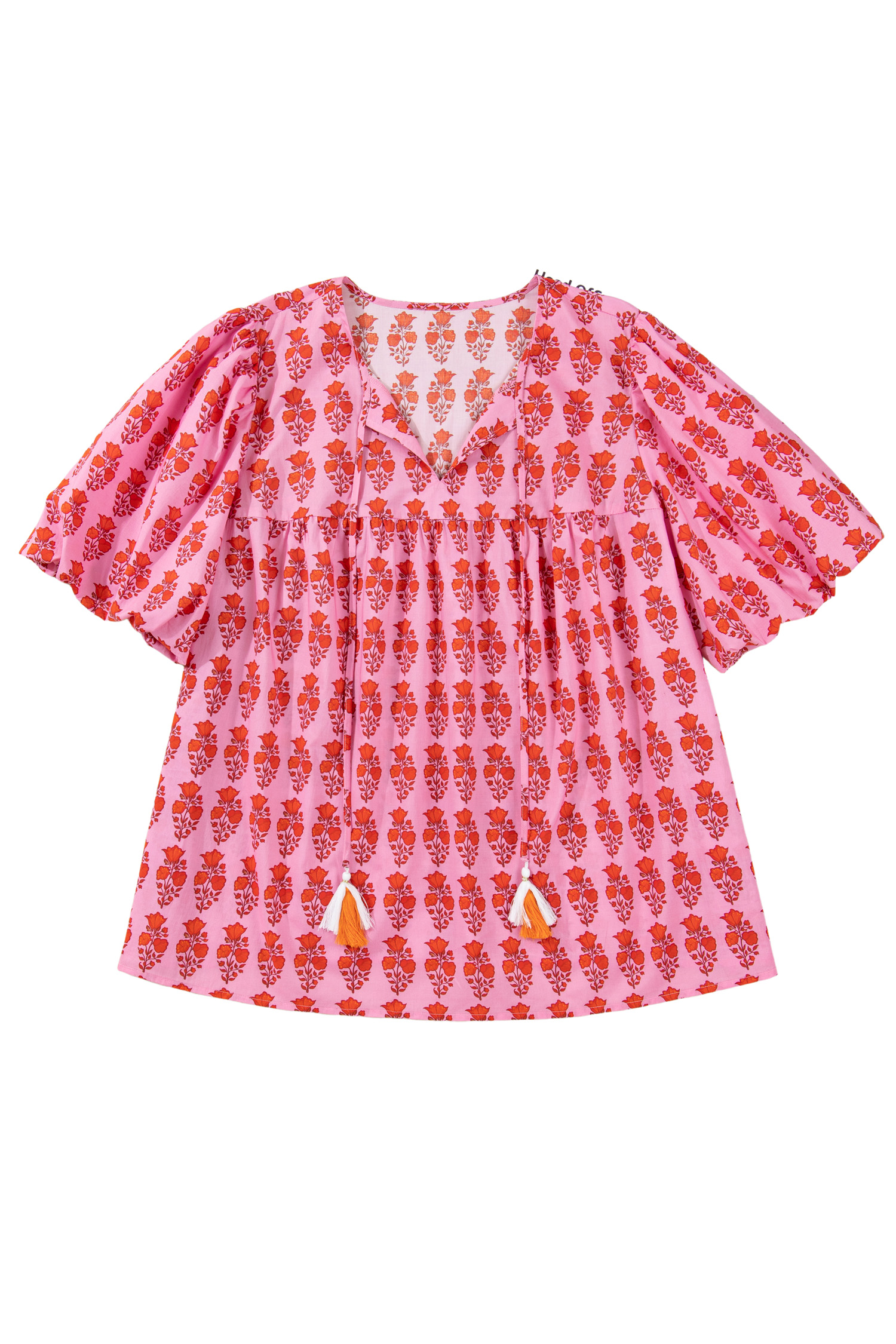 Plus Size Pink  Floral Print Tassel Tie Puff Sleeve Cotton Blouse