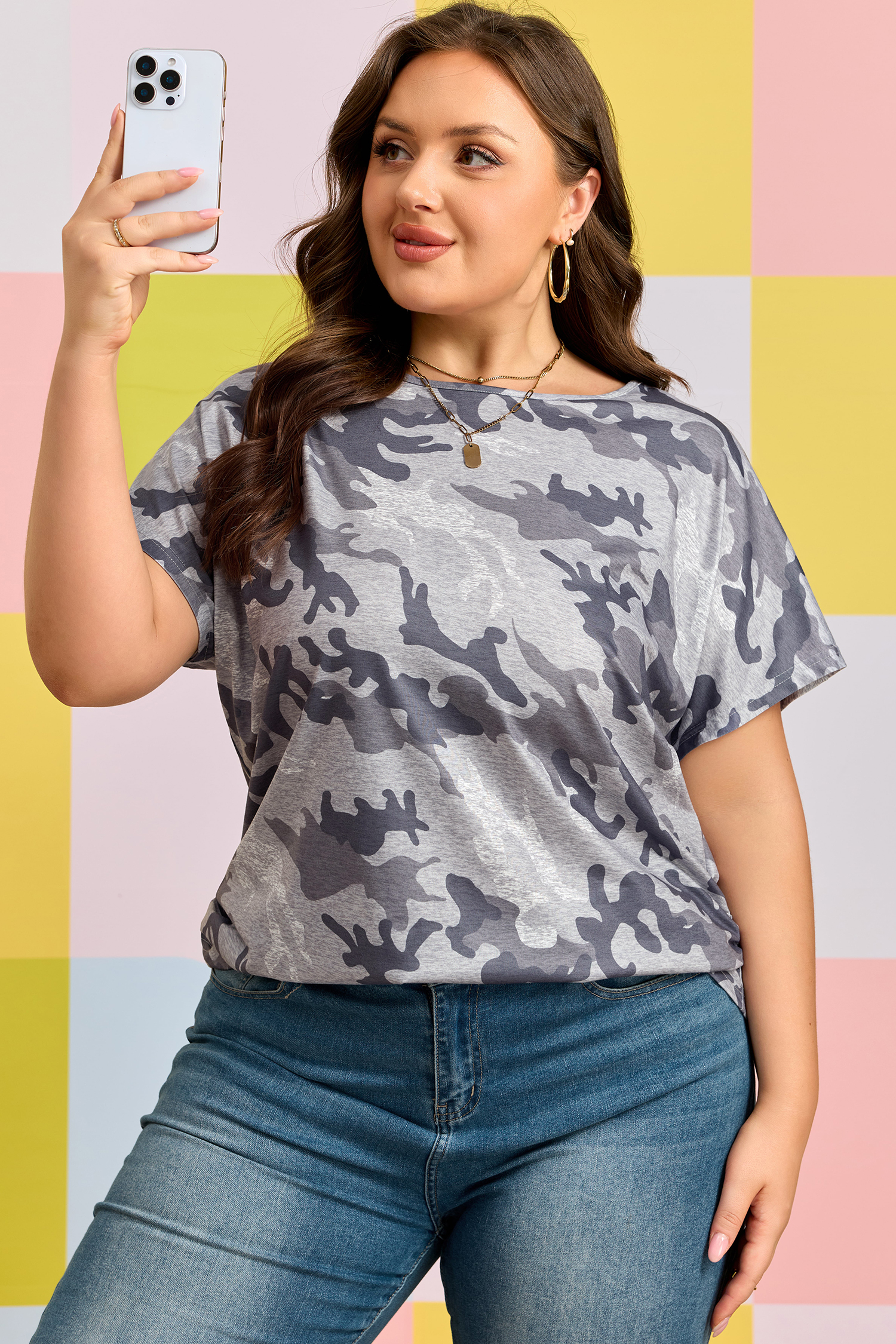 Plus Size Gray  Camo Print Casual T Shirt
