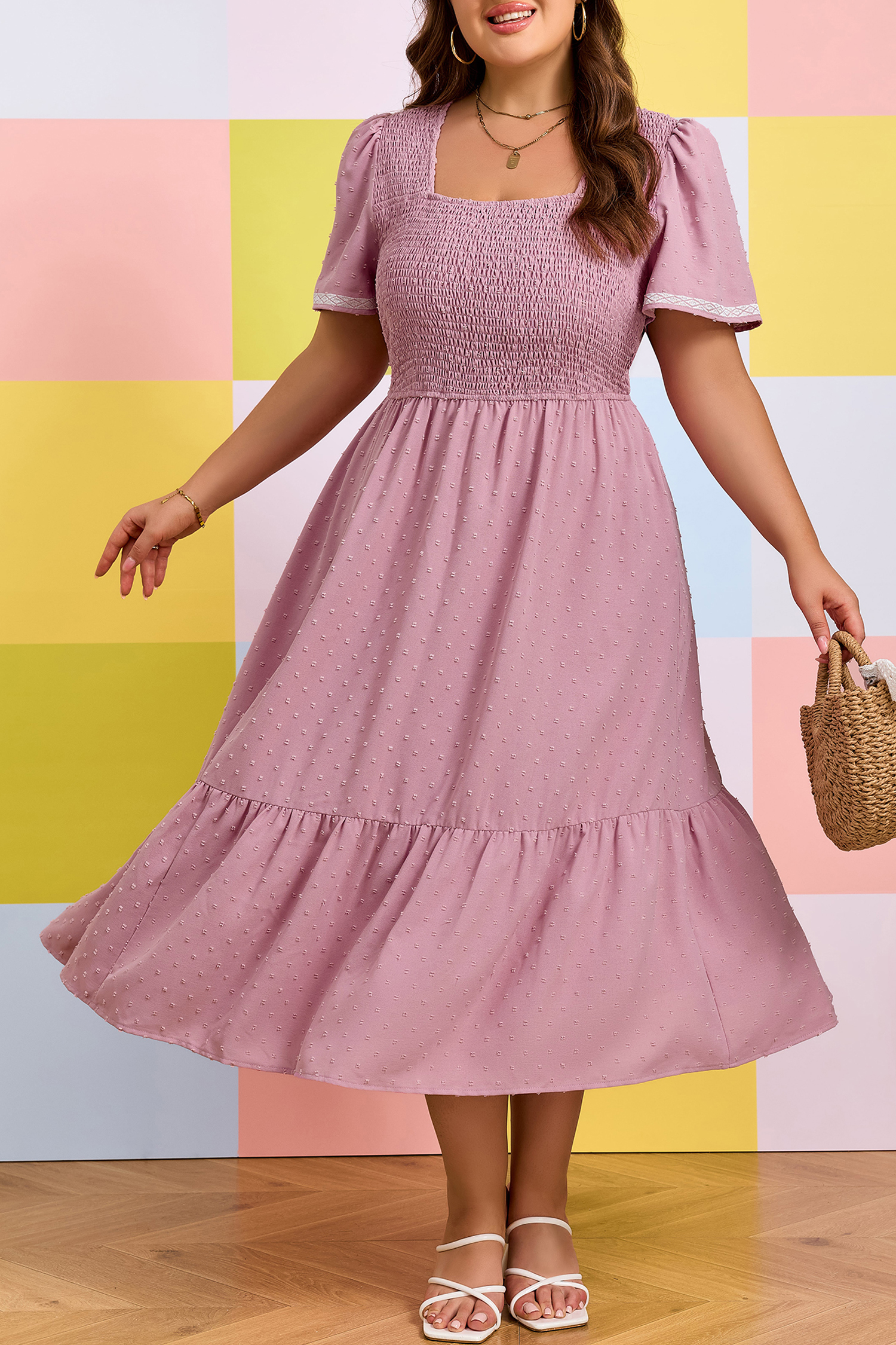 Plus Size Pink  Swiss Dot Short Sleeve Smocked High Waist Flowy Midi Dress