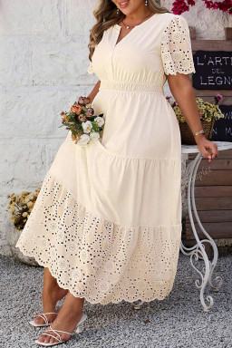Plus Size Apricot  V Neck Lacy Embroidery Patchwork Short Sleeve Maxi Dress