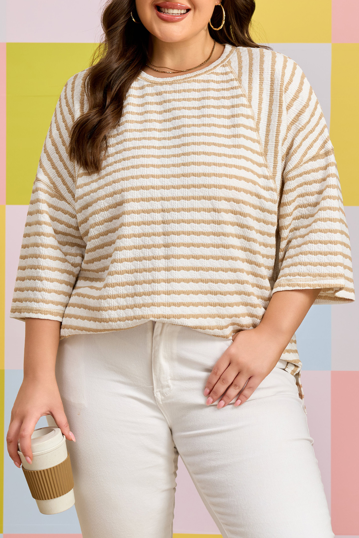 Plus Size Apricot Stripe  Textured Patchwork Detail Half Sleeve Top