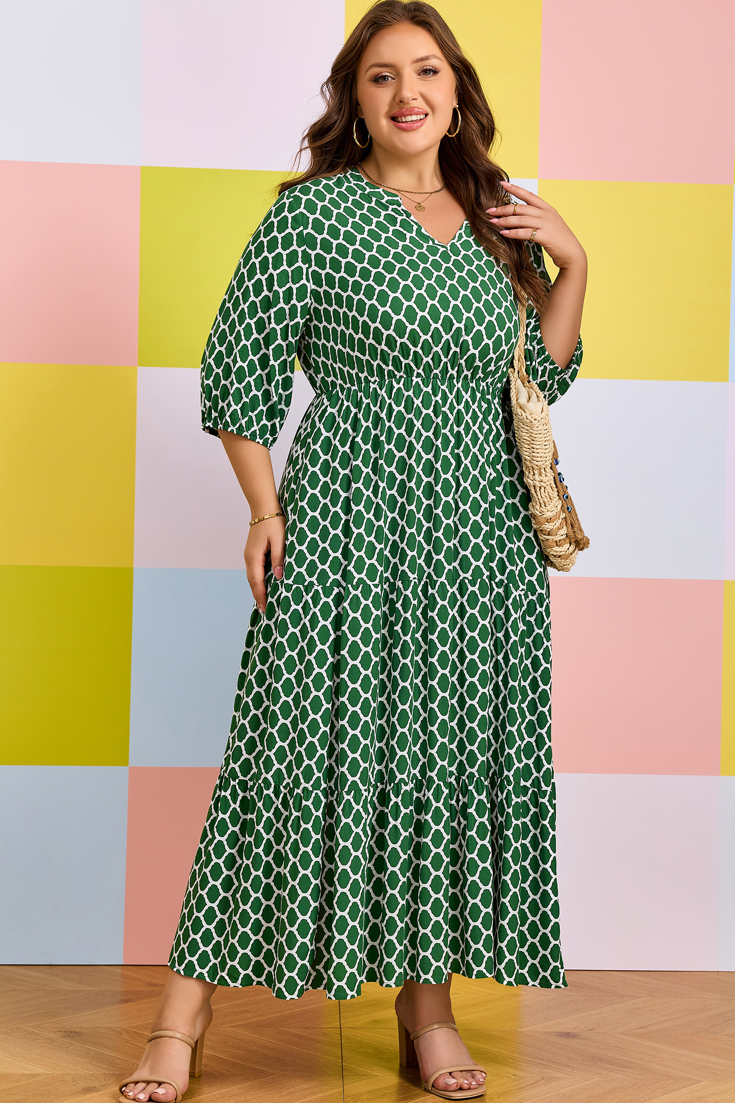 Plus Size Green  Geometric Print Pocketed Ruffle Hem Casual Dress