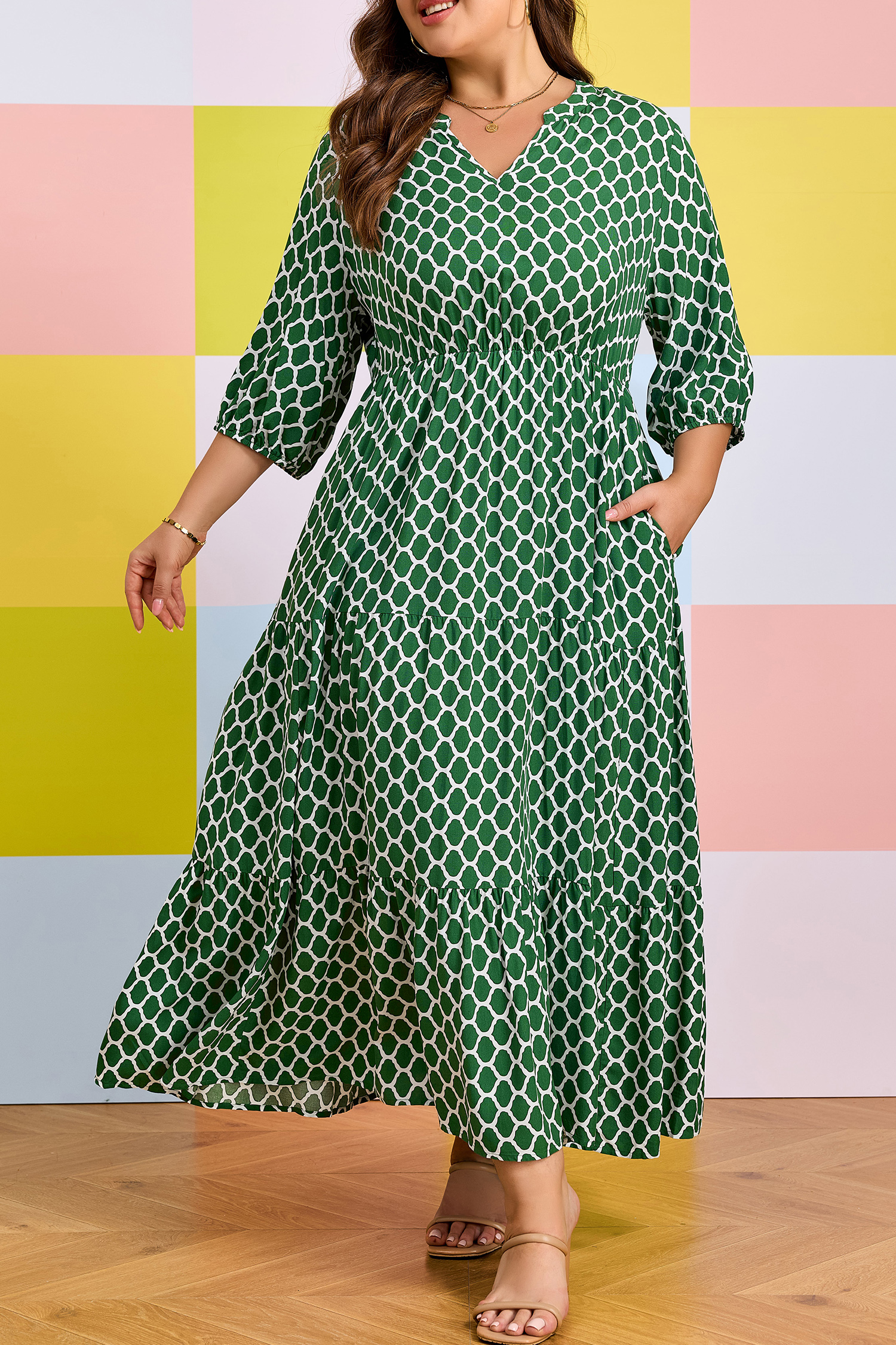 Plus Size Green  Geometric Print Pocketed Ruffle Hem Casual Dress