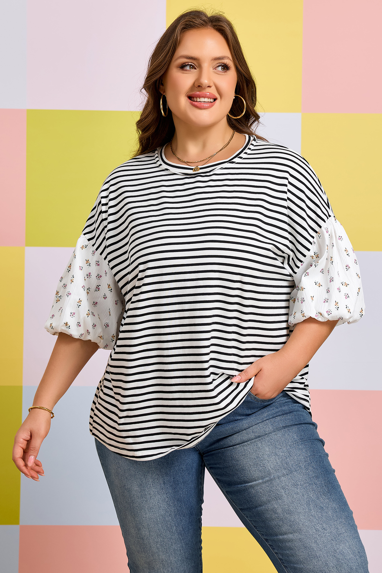 Plus Size Black Stripe  Striped Short Sleeve Top with Floral Puff Sleeves