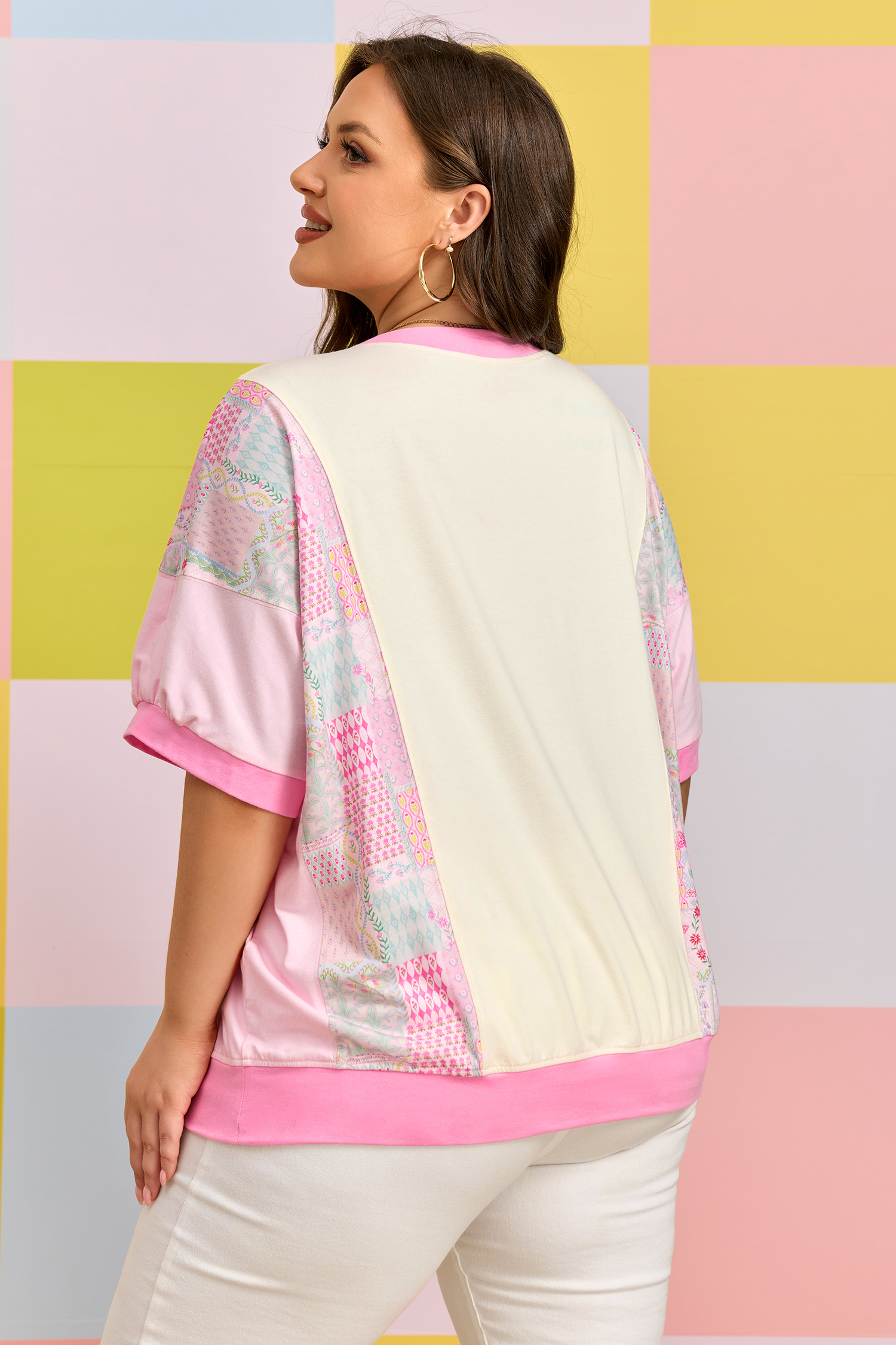 Plus Size Beige  Floral Patchwork Short Sleeve Patch Embroidery Cotton T Shirt