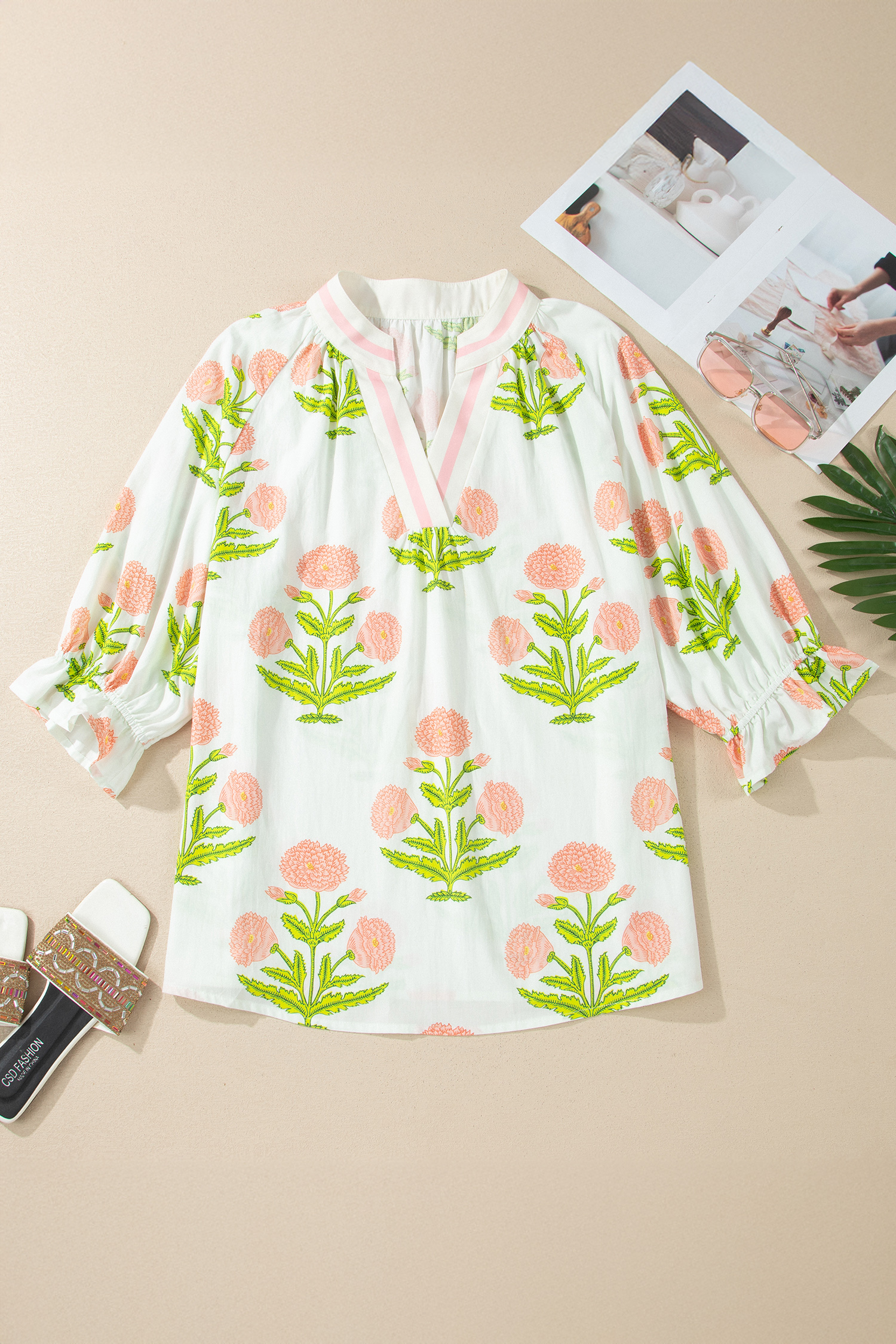 Plus Size Pink  Floral Print Striped Trim V Neck Blouse