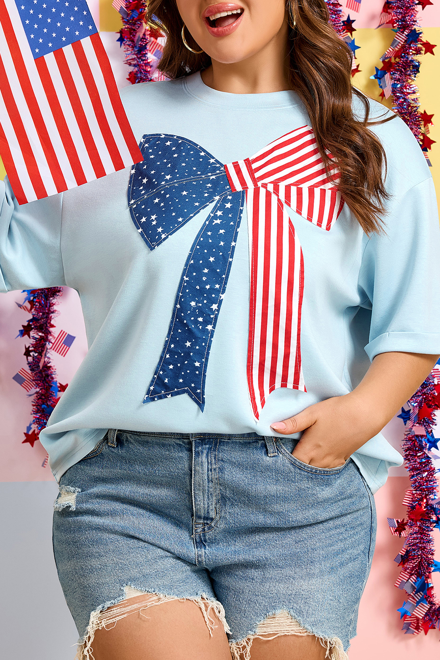 Plus Size Beau Blue  Patriotic Bow Patchwork Graphic T-Shirt