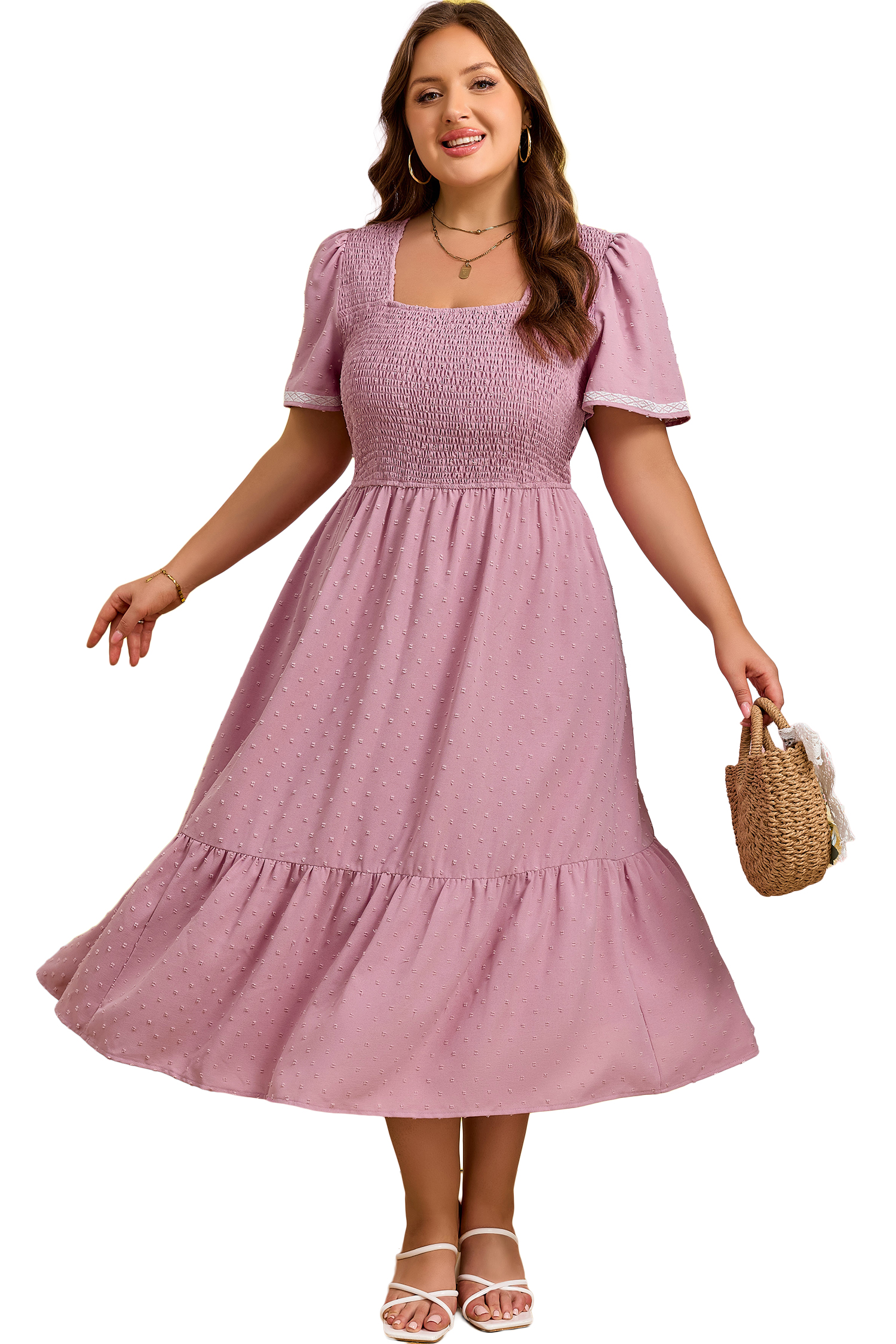 Plus Size Pink  Swiss Dot Short Sleeve Smocked High Waist Flowy Midi Dress