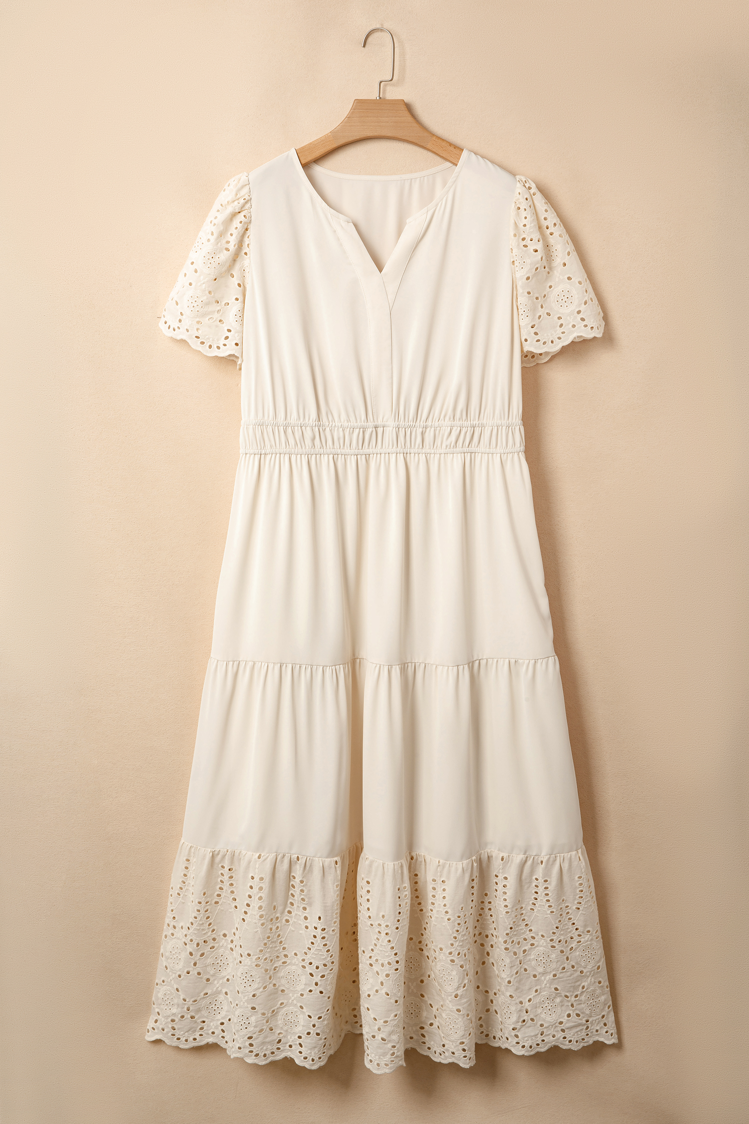 Plus Size Apricot  V Neck Lacy Embroidery Patchwork Short Sleeve Maxi Dress