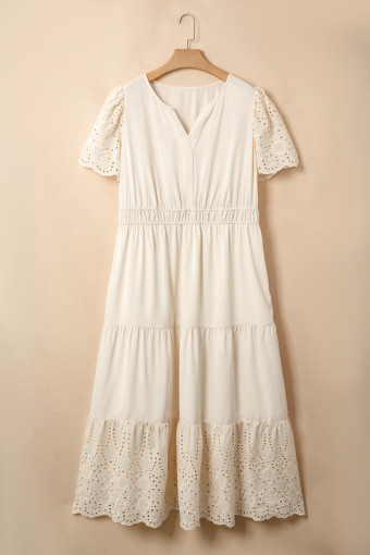 Plus Size Apricot  V Neck Lacy Embroidery Patchwork Short Sleeve Maxi Dress