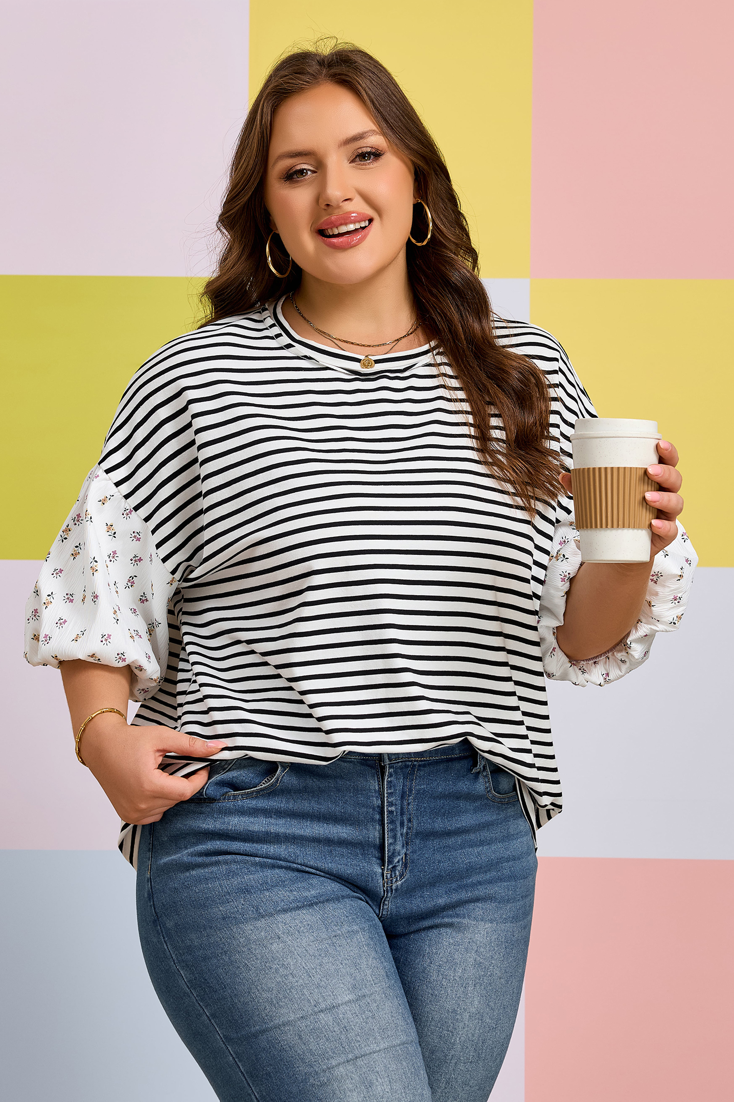 Plus Size Black Stripe  Striped Short Sleeve Top with Floral Puff Sleeves