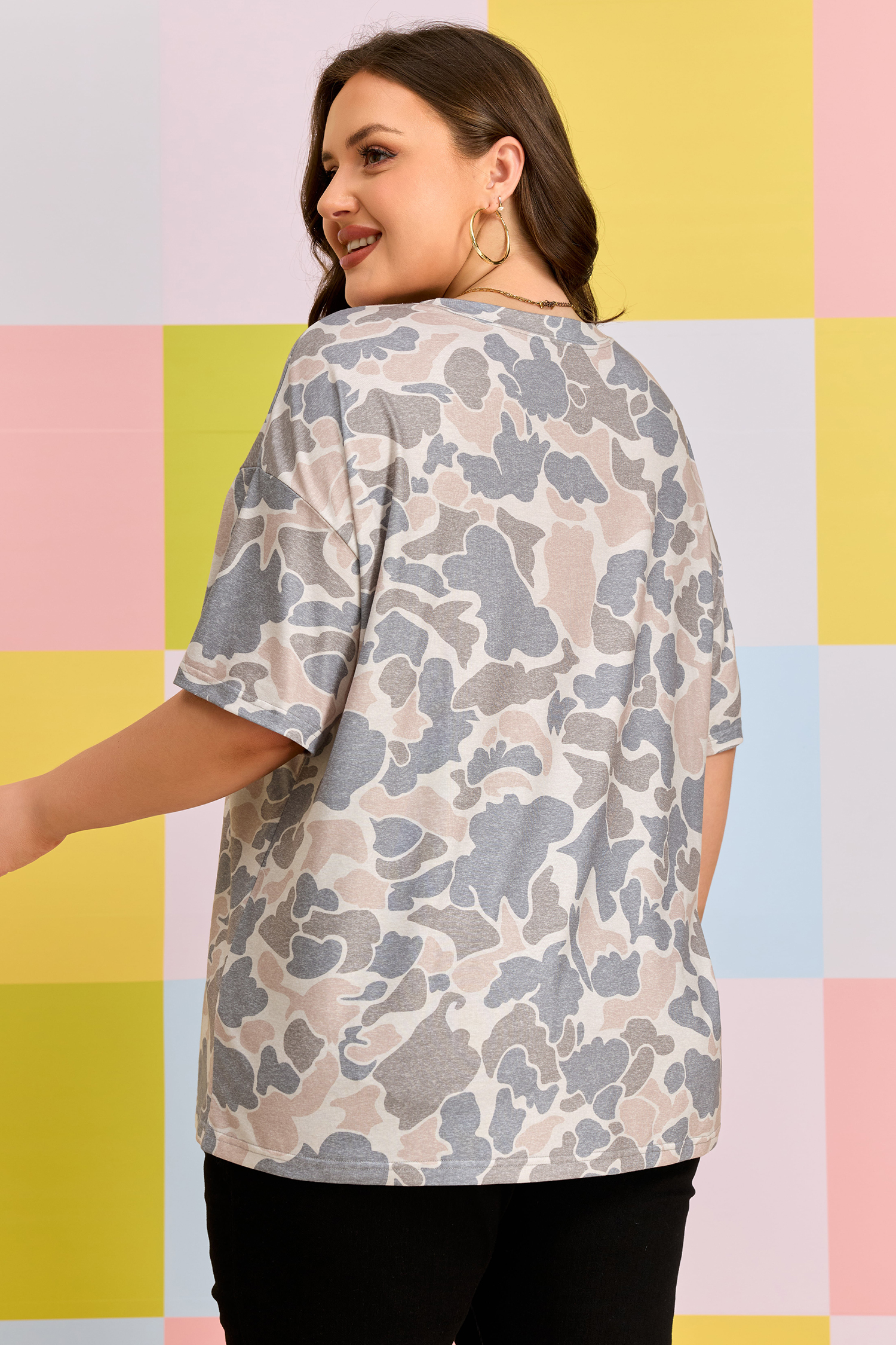 Plus Size Multicolour Retro Camouflage Print  T Shirt