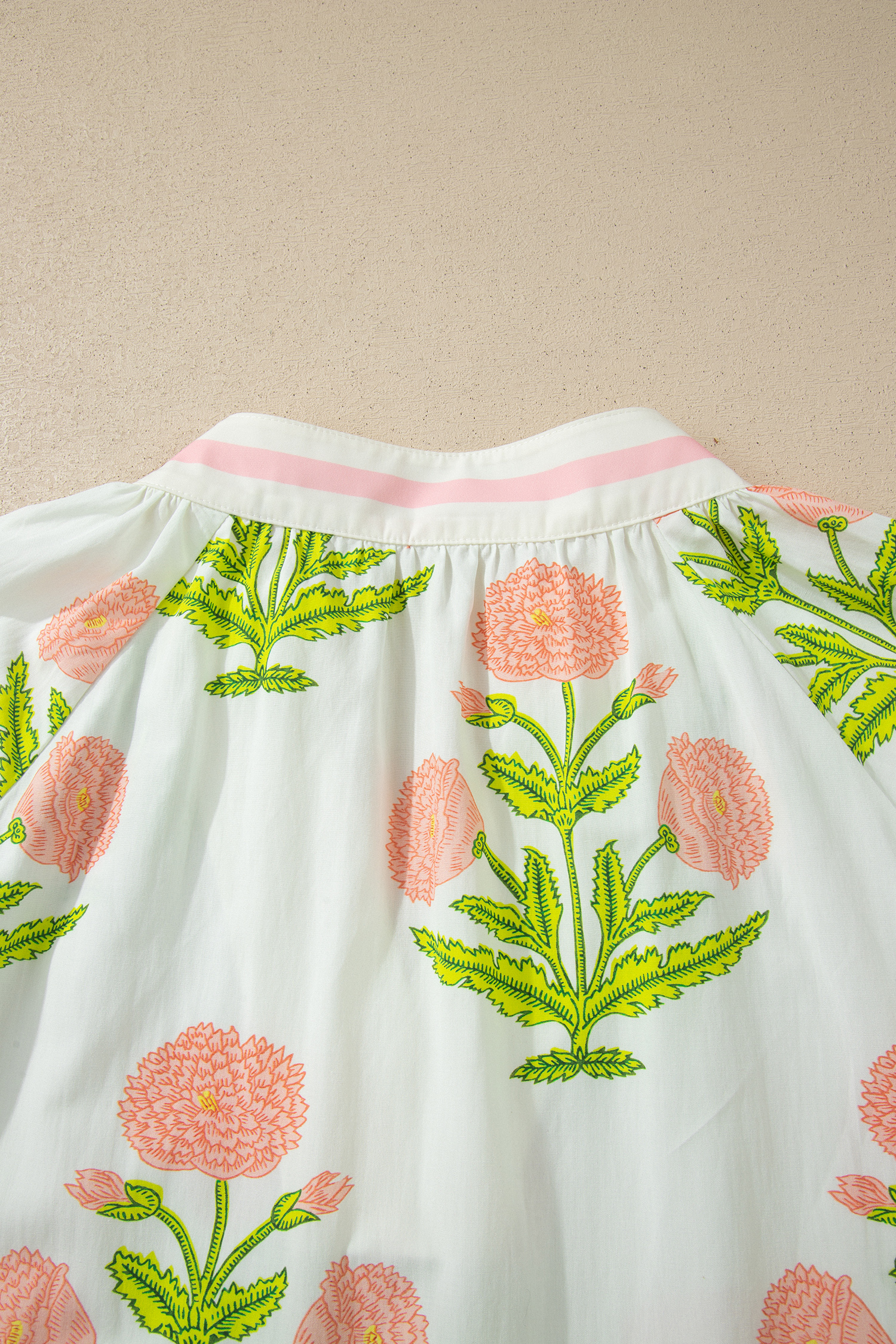 Plus Size Pink  Floral Print Striped Trim V Neck Blouse