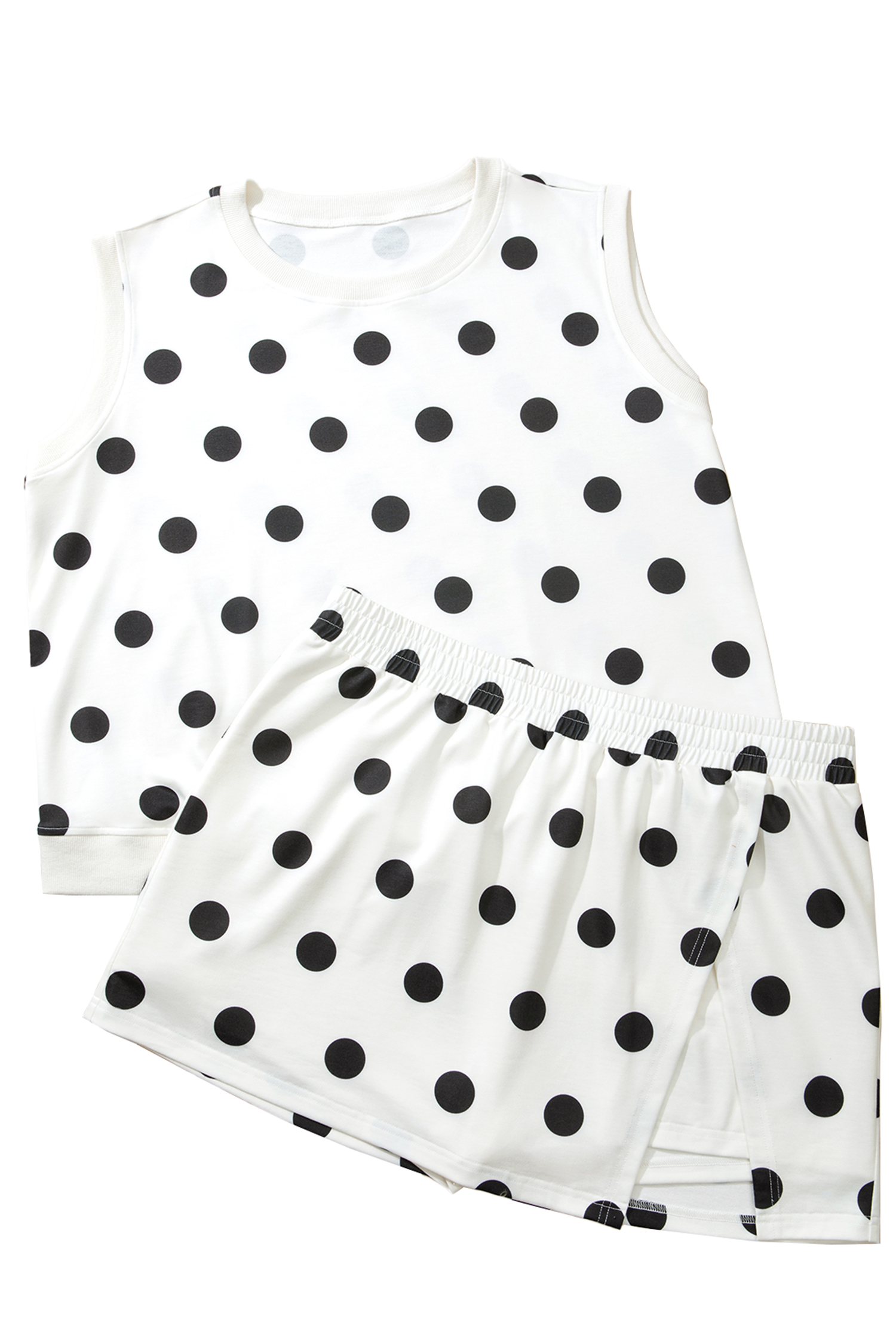Plus Size White  Polka Dot Printed Tank Split Skort 2pcs Outfit