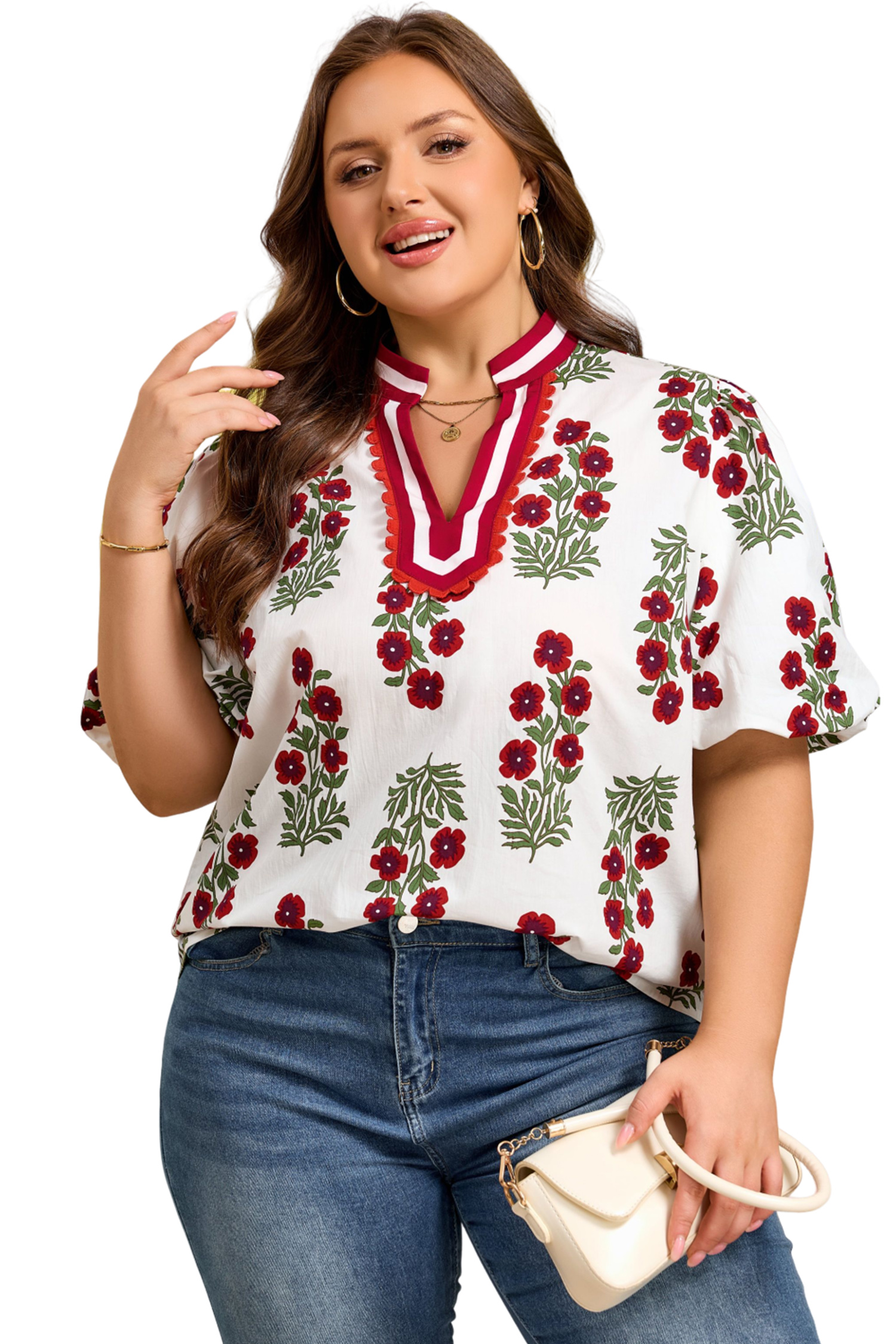 Plus Size White  Floral Print Ricrac Striped Trim Short Sleeve Cotton Blouse