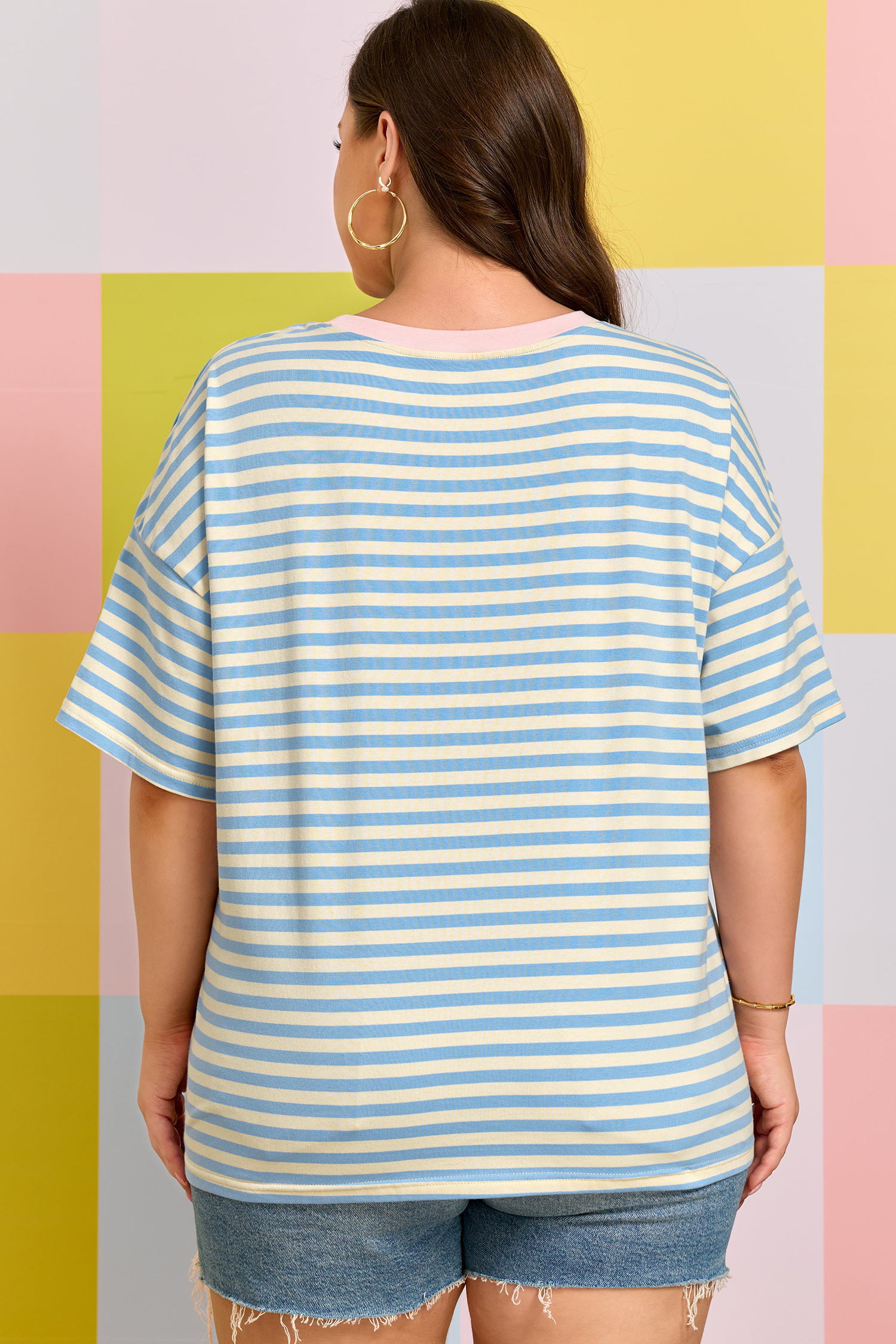 Plus Size Sky Blue Stripe  Drop Shoulder Contrast Trim Round Neck Tee