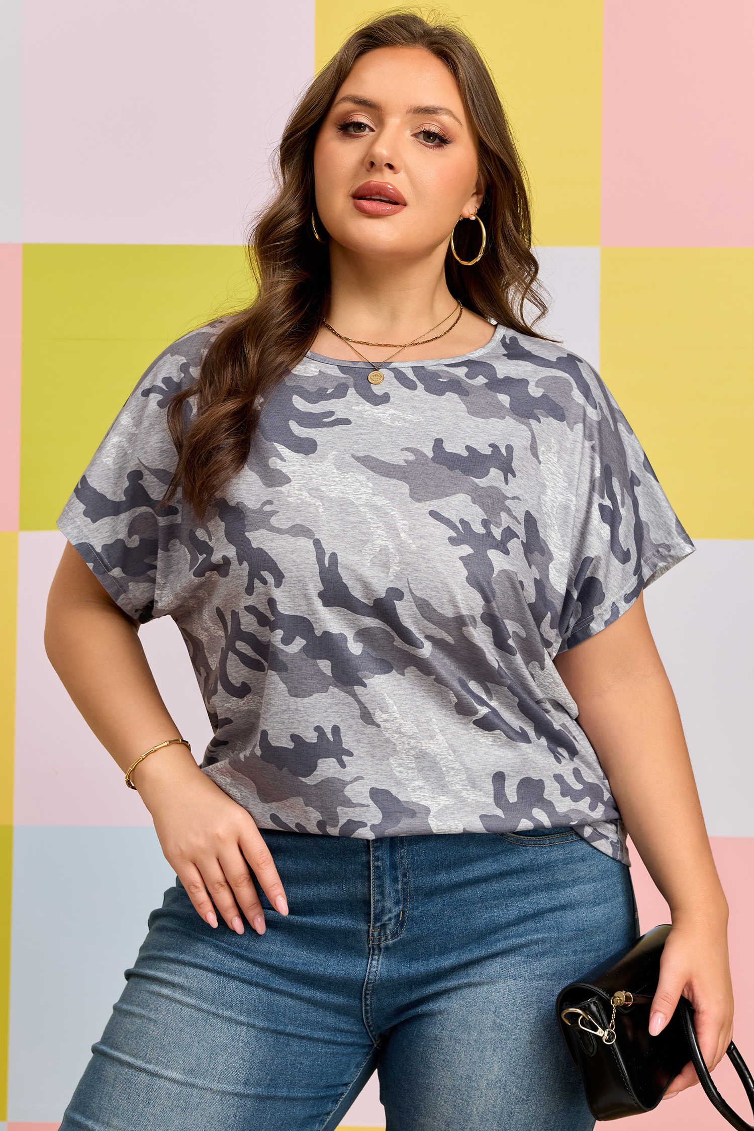 Plus Size Gray  Camo Print Casual T Shirt