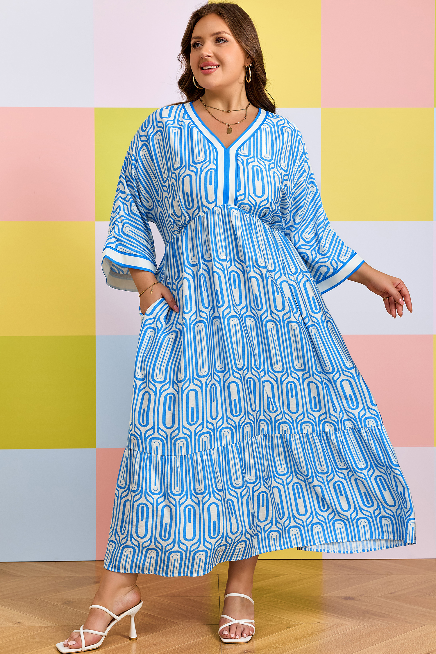 Plus Size Sky Blue  Geometric Print Contrast Trim V Neck Bracelet Sleeve Long Dress