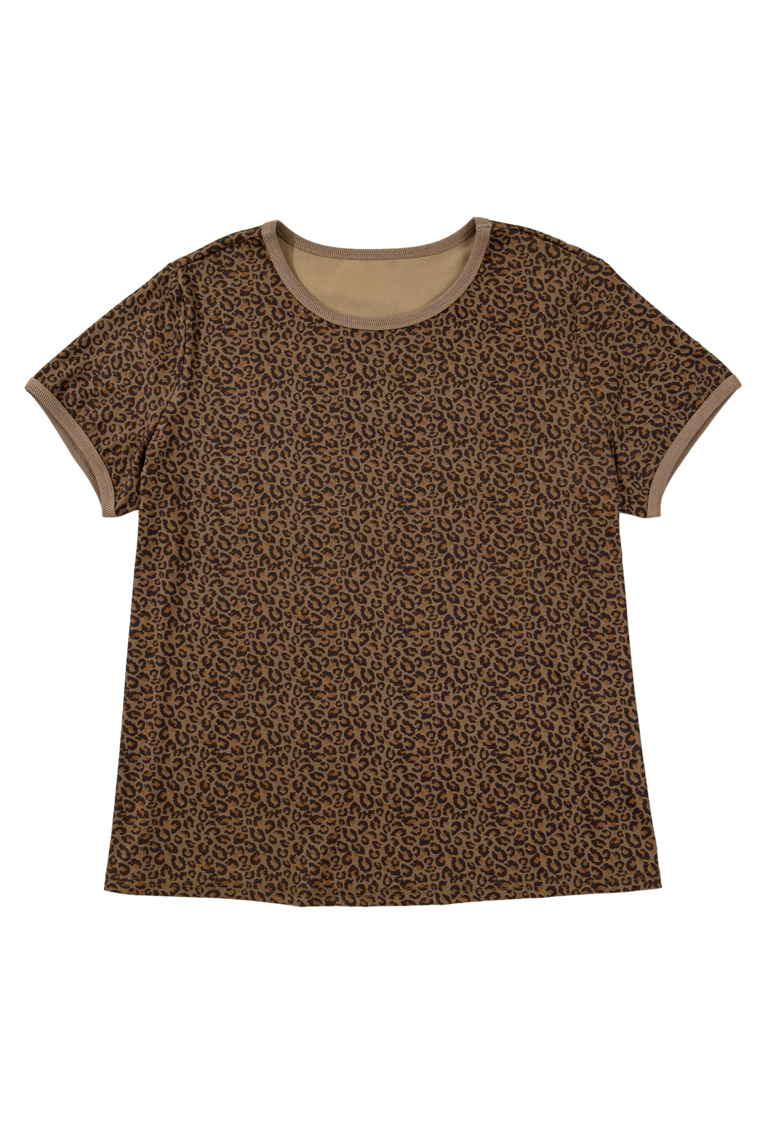 Plus Size Khaki  Leopard Print Ribbed Trim Round Neck Tee
