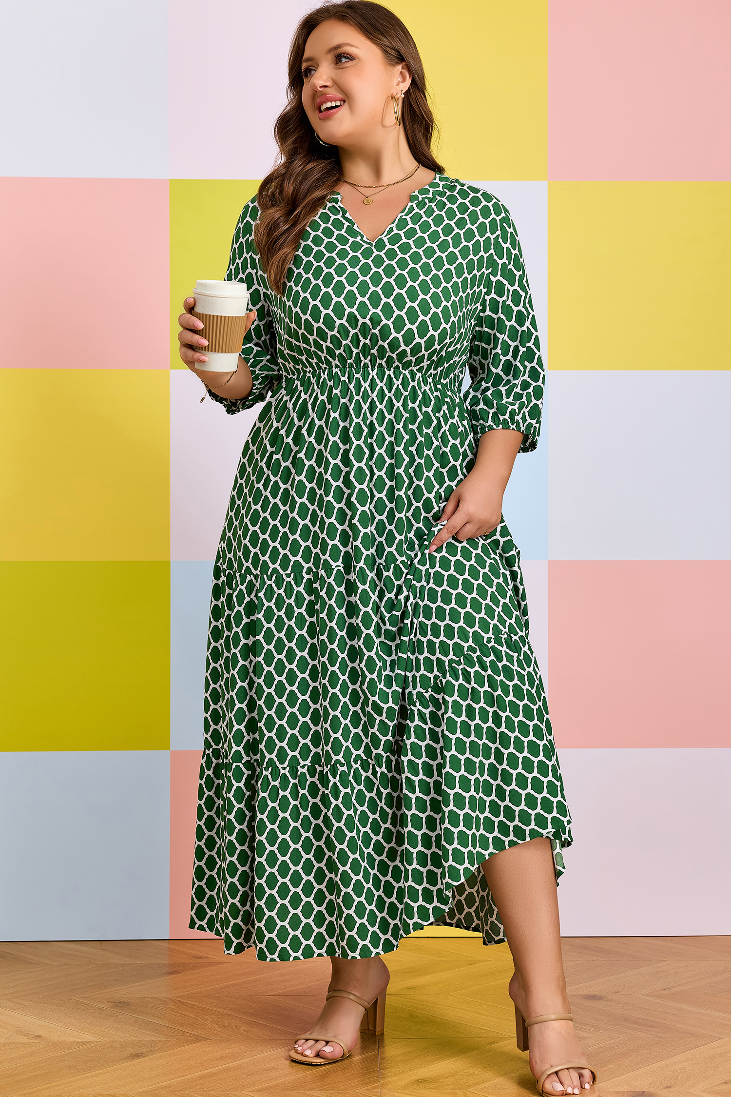Plus Size Green  Geometric Print Pocketed Ruffle Hem Casual Dress