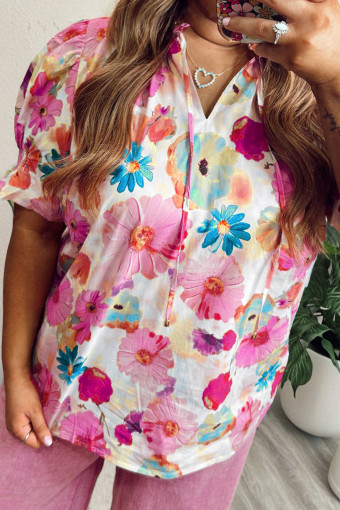 Plus Size Pink  Floral Print Ruched Short Sleeve Blouse
