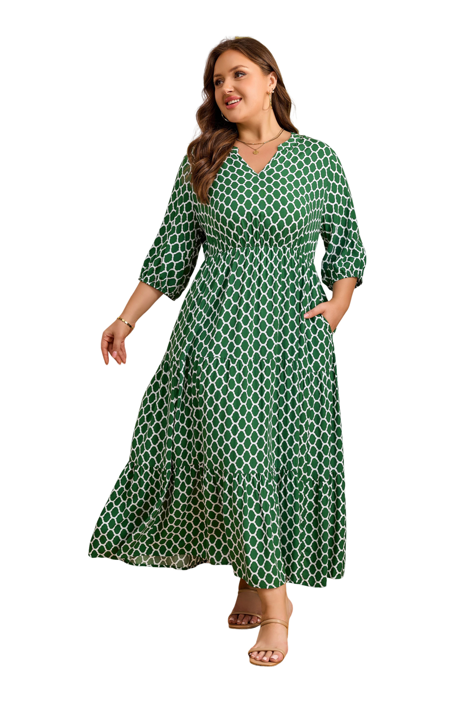 Plus Size Green  Geometric Print Pocketed Ruffle Hem Casual Dress