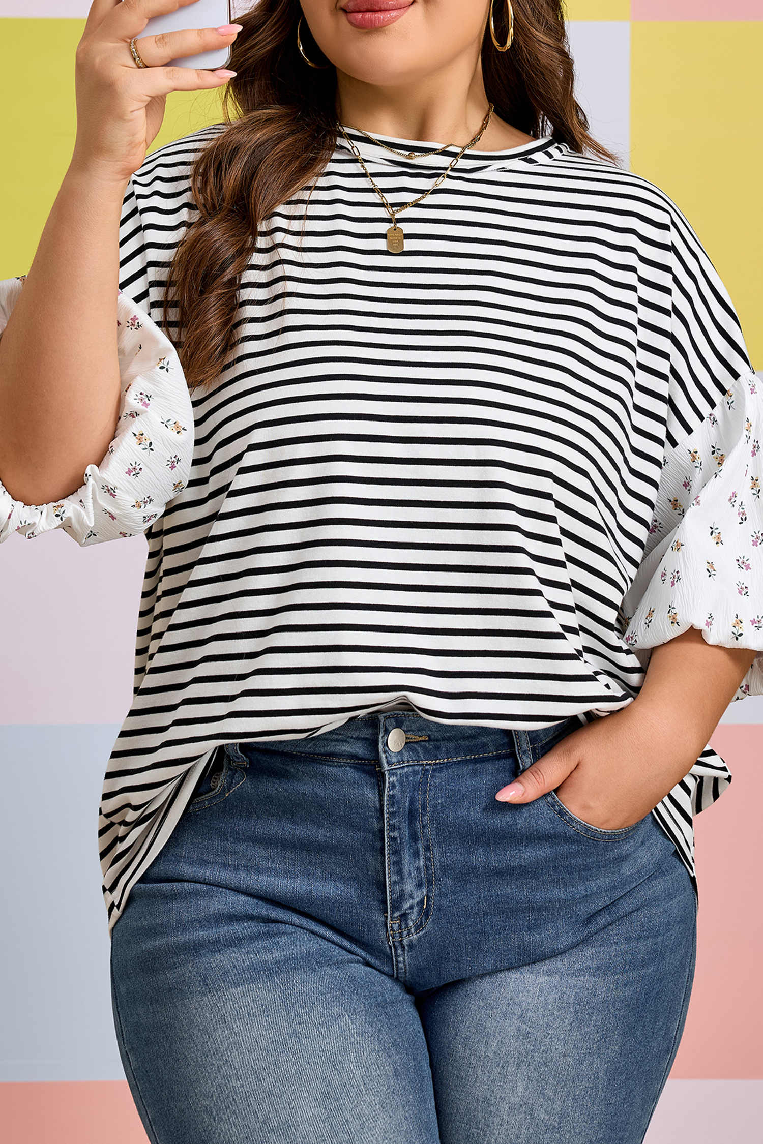 Plus Size Black Stripe  Striped Short Sleeve Top with Floral Puff Sleeves
