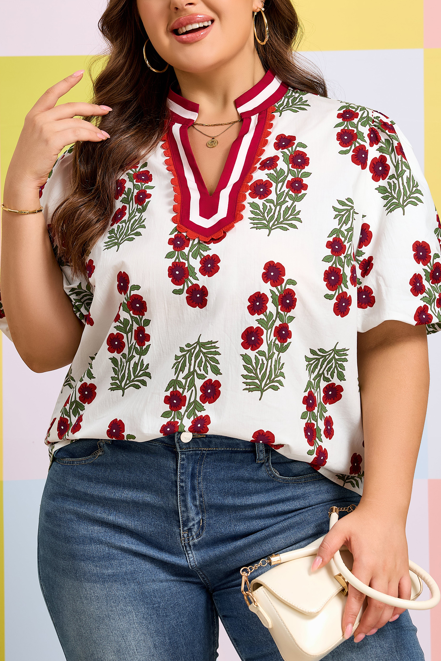 Plus Size White  Floral Print Ricrac Striped Trim Short Sleeve Cotton Blouse
