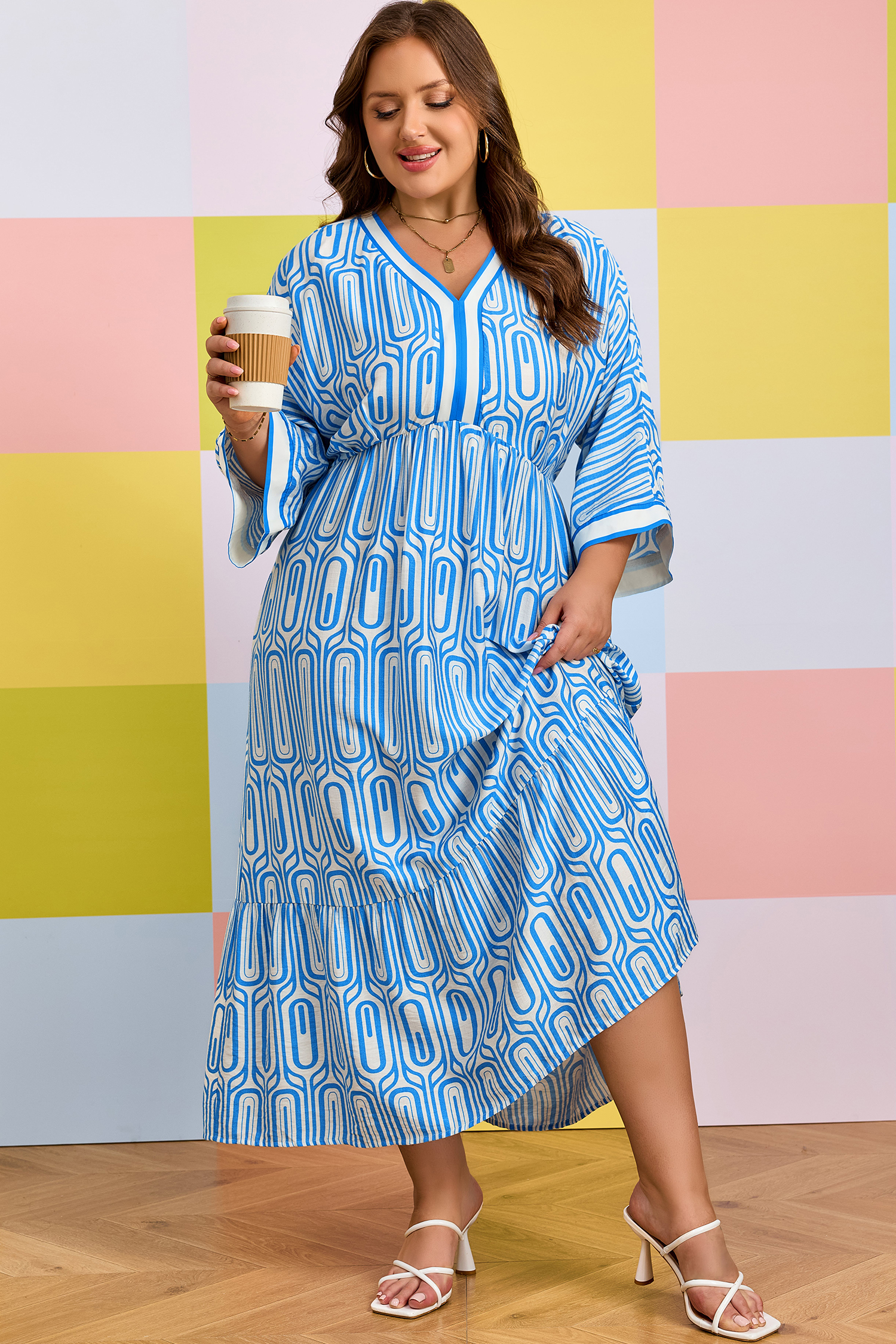 Plus Size Sky Blue  Geometric Print Contrast Trim V Neck Bracelet Sleeve Long Dress