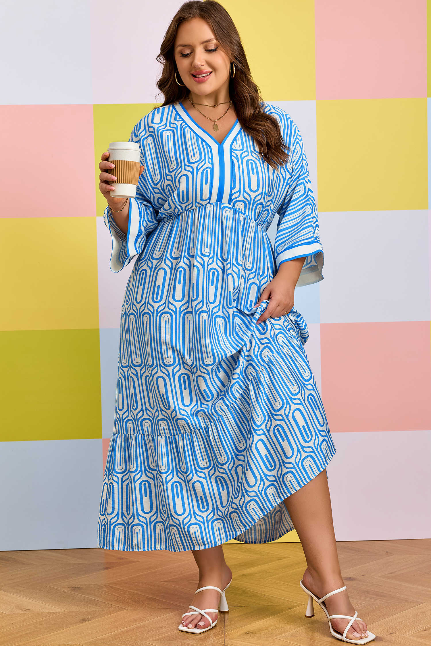 Plus Size Sky Blue  Geometric Print Contrast Trim V Neck Bracelet Sleeve Long Dress