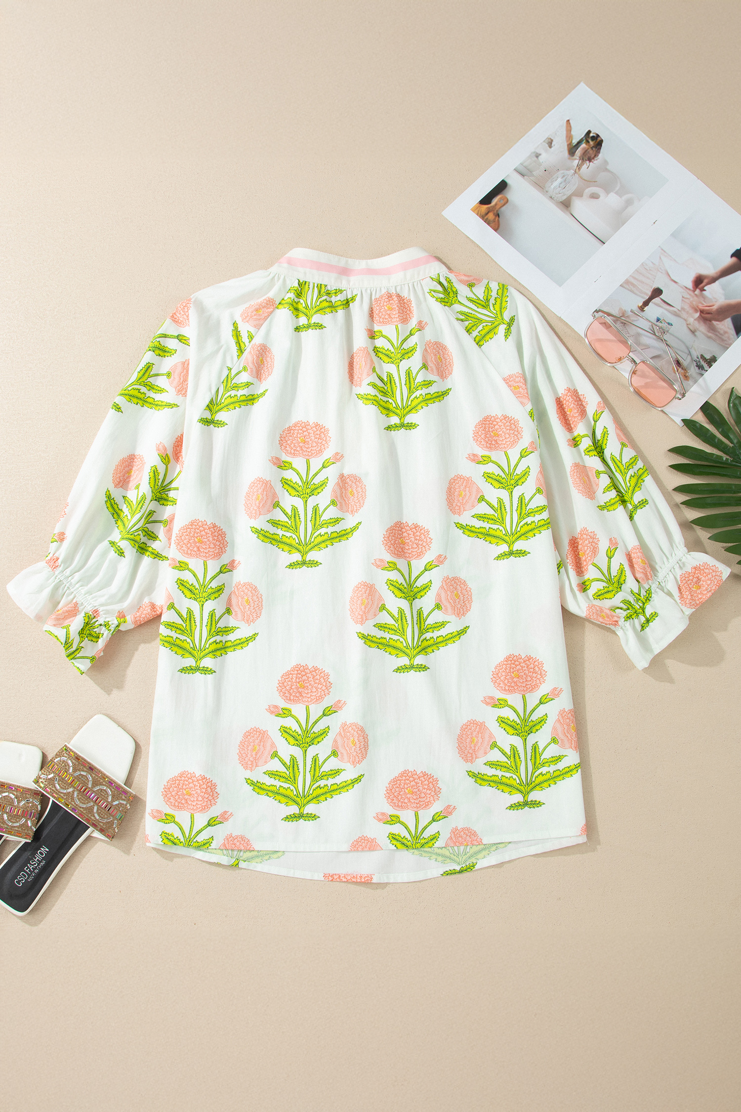 Plus Size Pink  Floral Print Striped Trim V Neck Blouse