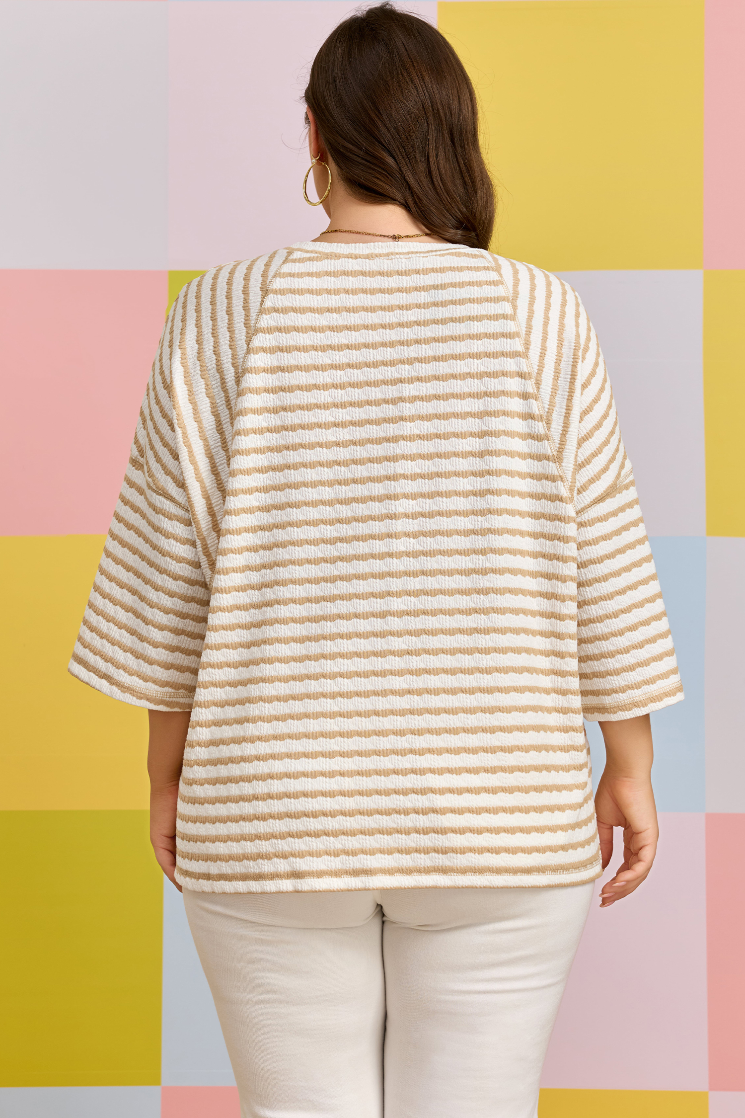 Plus Size Apricot Stripe  Textured Patchwork Detail Half Sleeve Top