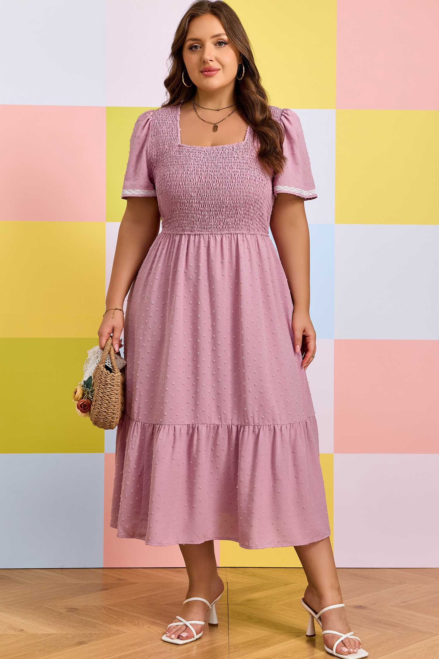 Plus Size Pink  Swiss Dot Short Sleeve Smocked High Waist Flowy Midi Dress