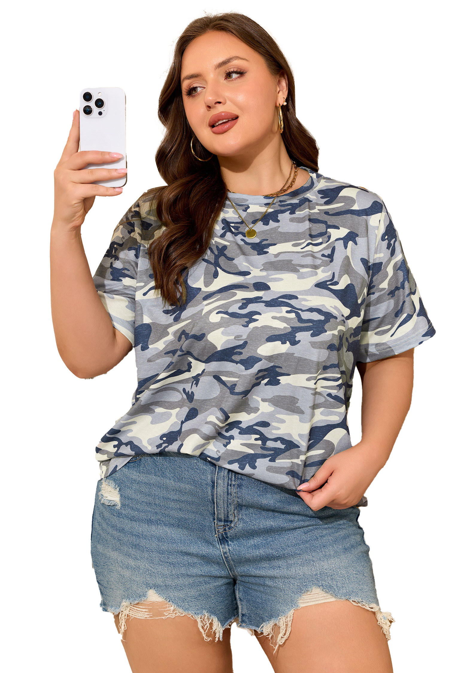 Plus Size Green  Camo Print Crew Neck Short Sleeve Tee