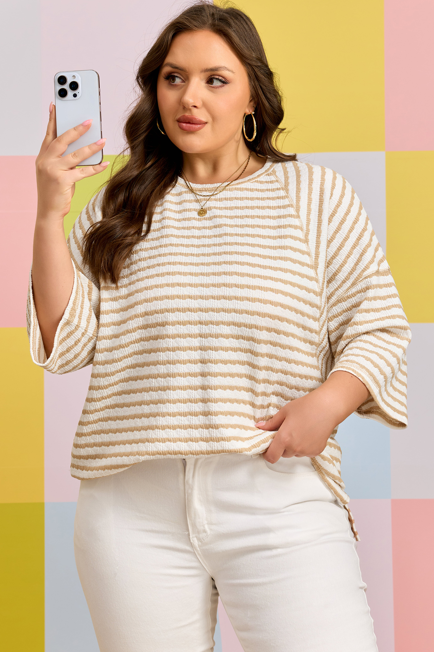 Plus Size Apricot Stripe  Textured Patchwork Detail Half Sleeve Top