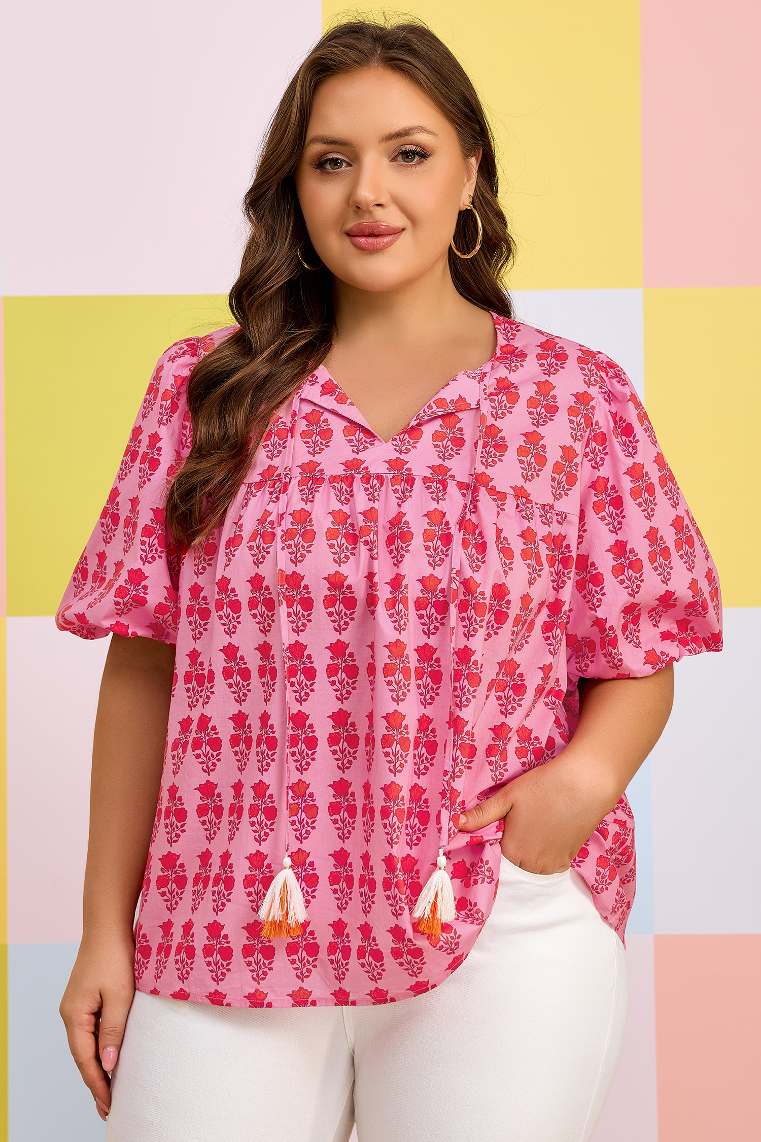 Plus Size Pink  Floral Print Tassel Tie Puff Sleeve Cotton Blouse