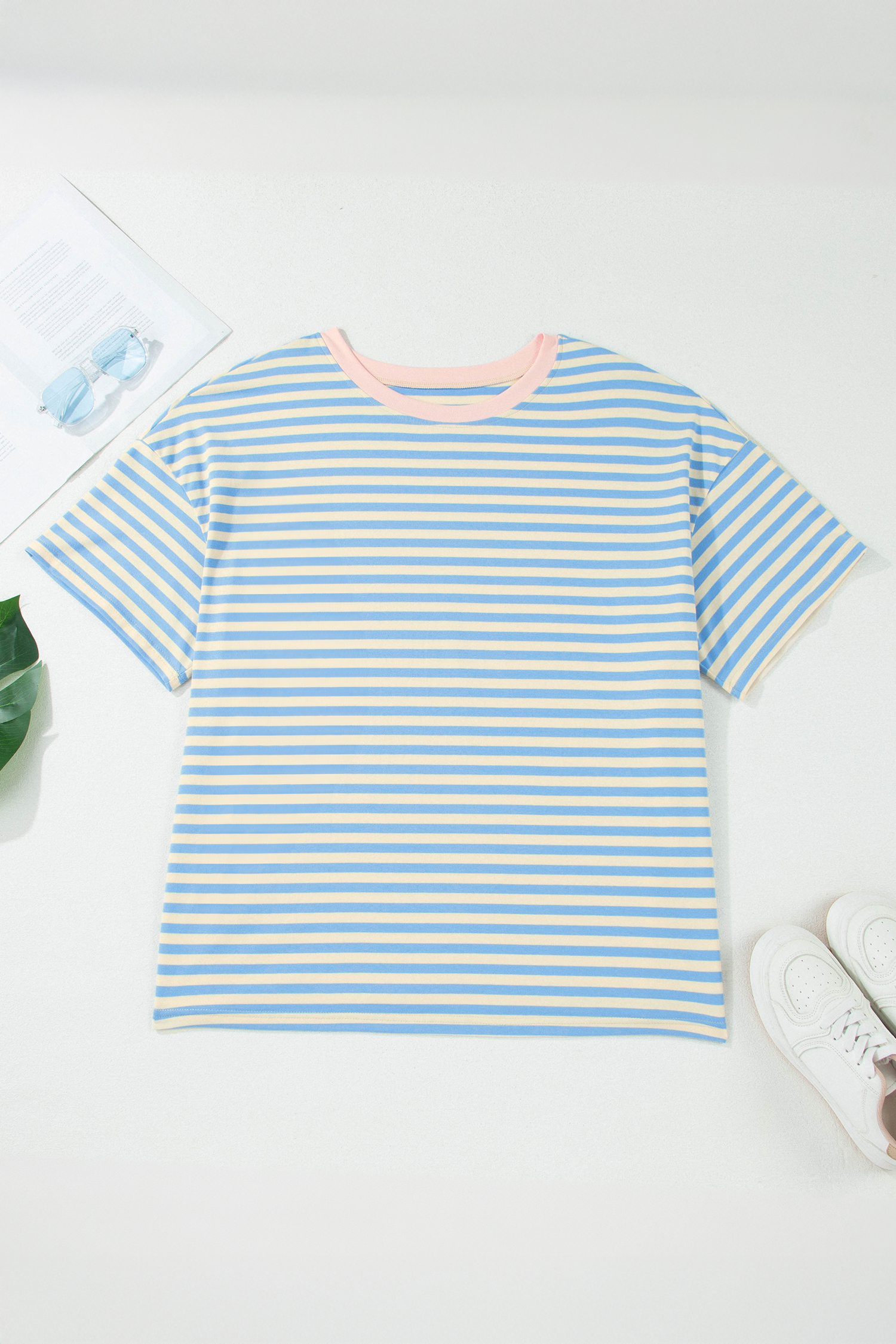 Plus Size Sky Blue Stripe  Drop Shoulder Contrast Trim Round Neck Tee