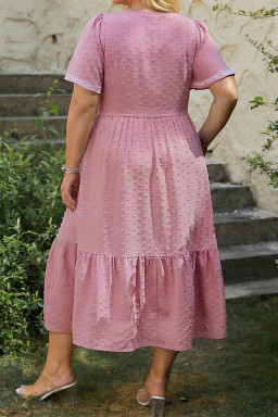 Plus Size Pink  Swiss Dot Short Sleeve Smocked High Waist Flowy Midi Dress