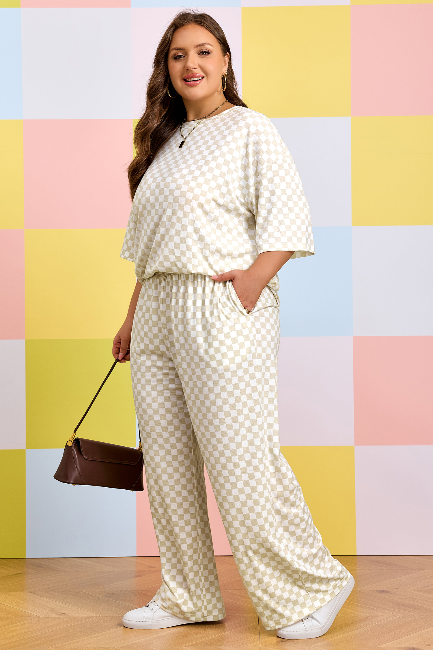 Plus Size Khaki  Checkered Print Half Sleeve Tee Loose Pants Two-piece Lounge Set