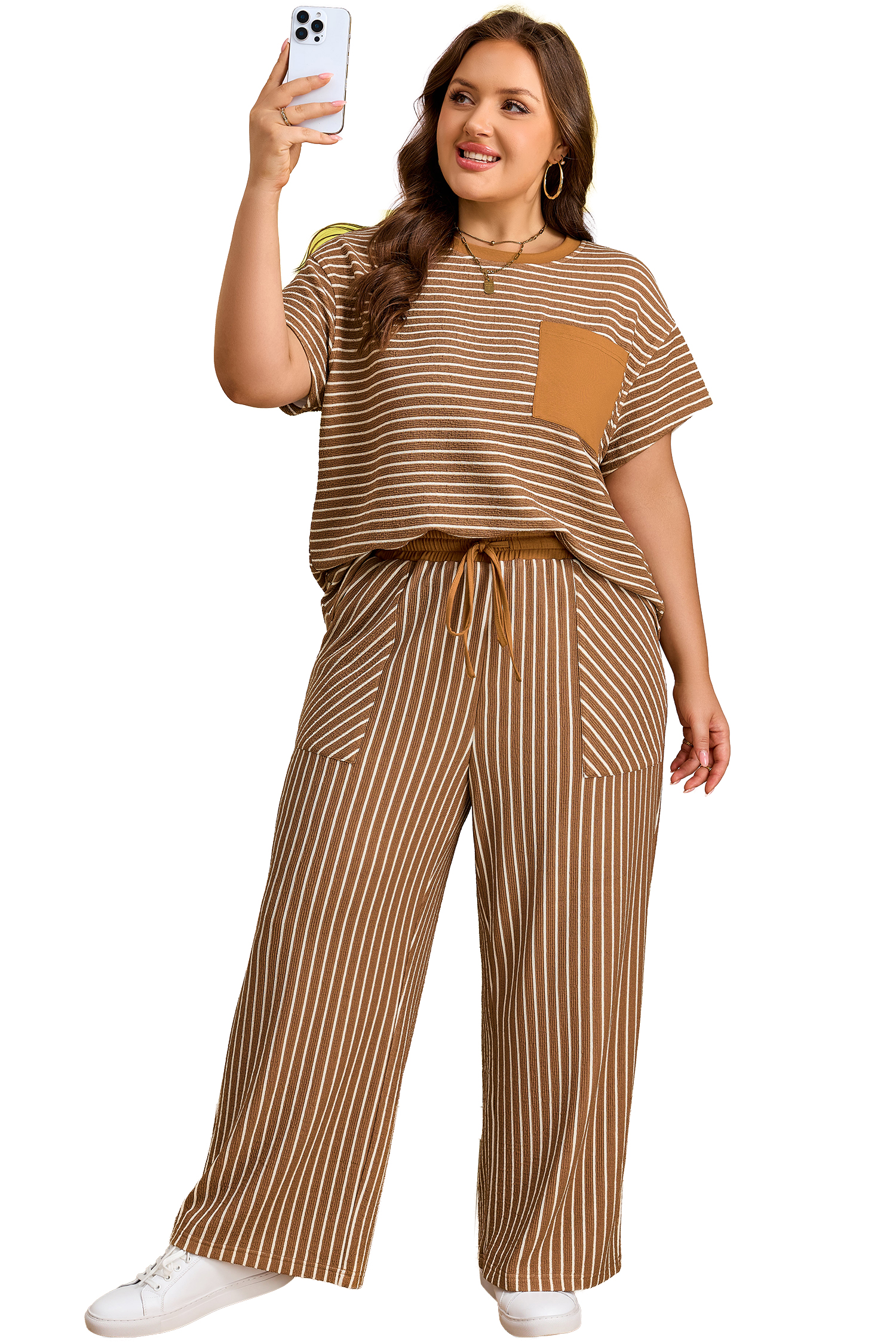 Plus Size Khaki Stripe  Striped Colorblock Pocket Lounge Set