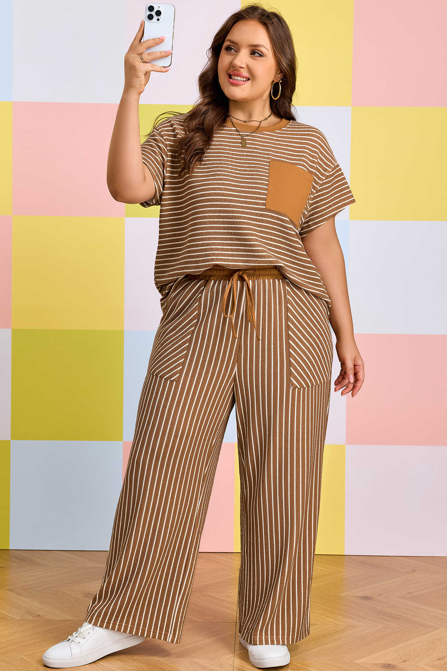 Plus Size Khaki Stripe  Striped Colorblock Pocket Lounge Set