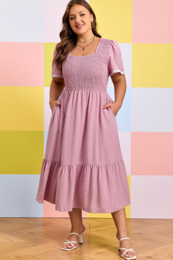 Plus Size Pink  Swiss Dot Short Sleeve Smocked High Waist Flowy Midi Dress