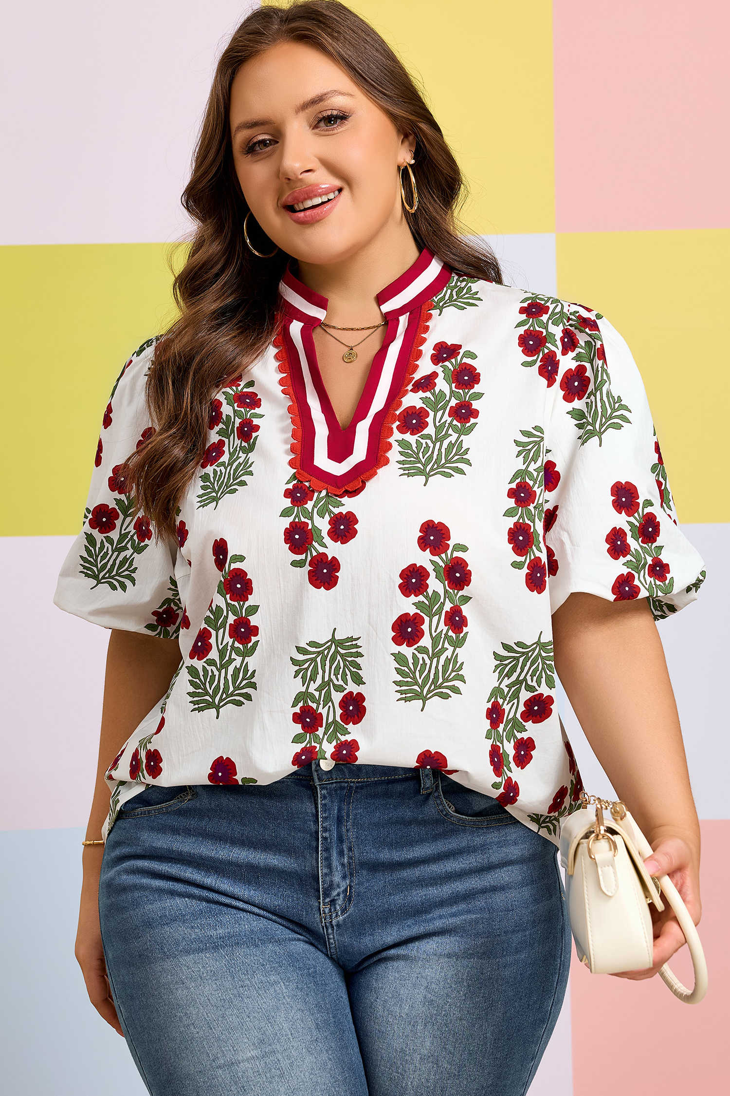 Plus Size White  Floral Print Ricrac Striped Trim Short Sleeve Cotton Blouse