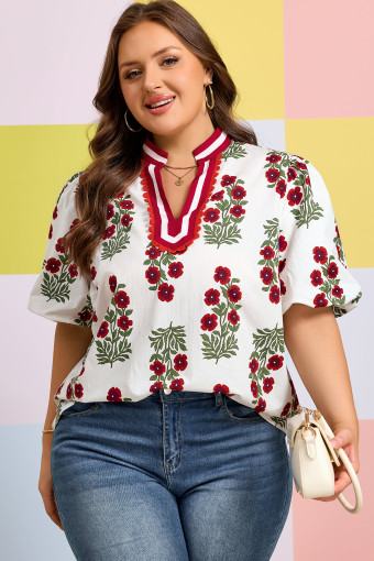 Plus Size White  Floral Print Ricrac Striped Trim Short Sleeve Cotton Blouse
