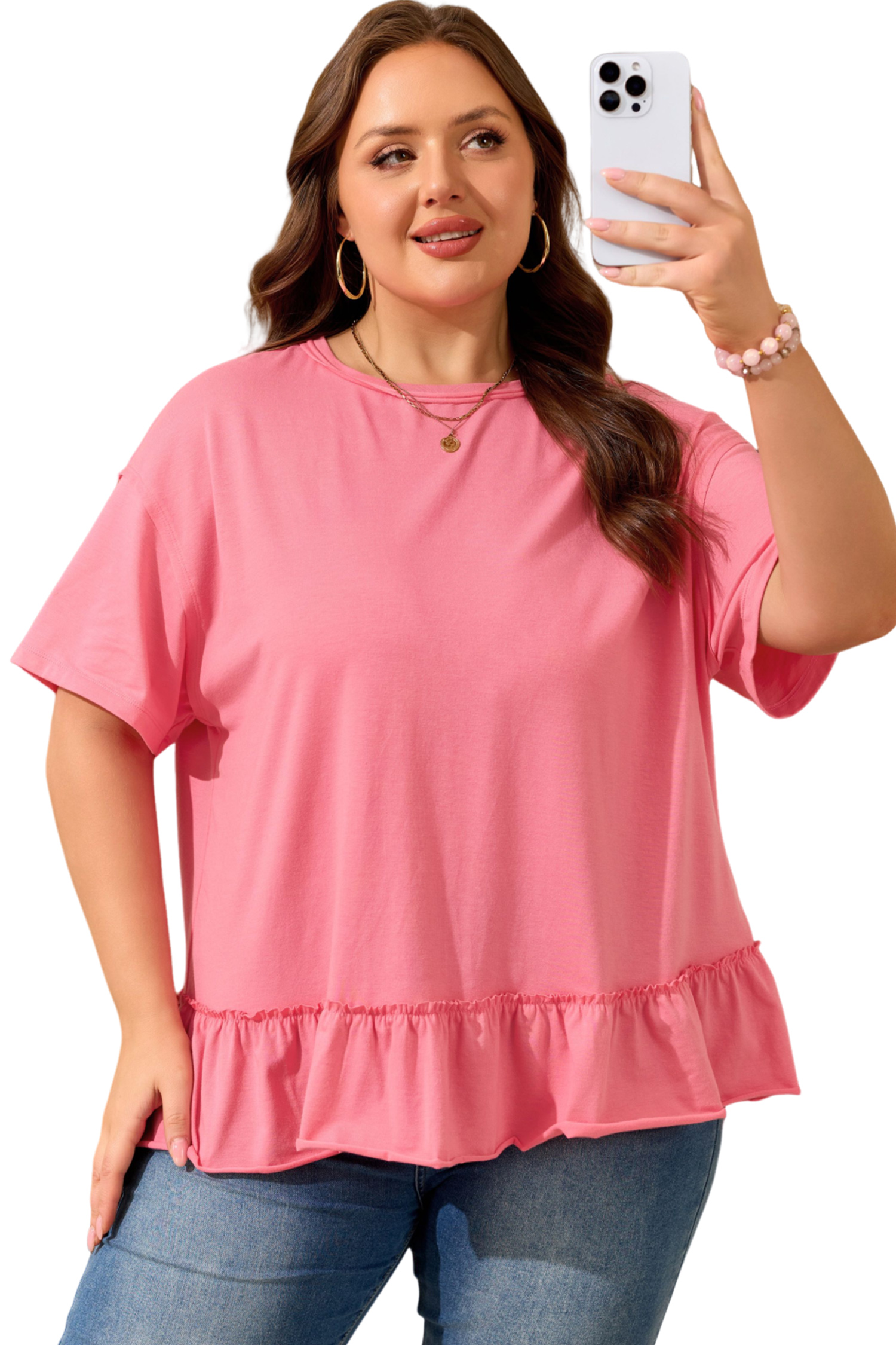 Plus Size Peach Blossom Solid Color Raw Seam Detail Ruffle Hem  T Shirt