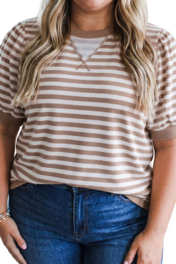 Orange Stripe Ribbed Trim Round Neck Short Puff Sleeve Plus T Shirt