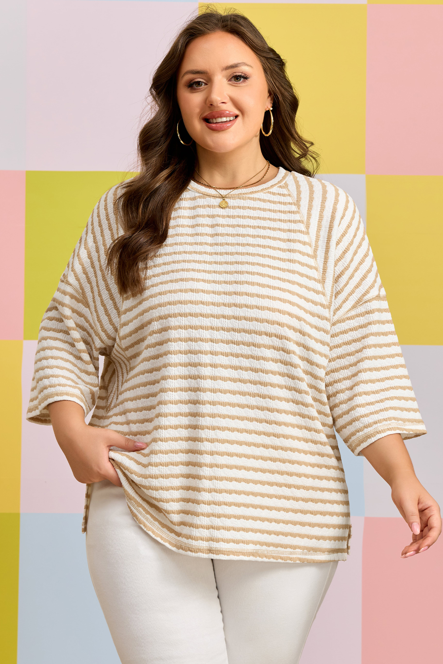 Plus Size Apricot Stripe  Textured Patchwork Detail Half Sleeve Top