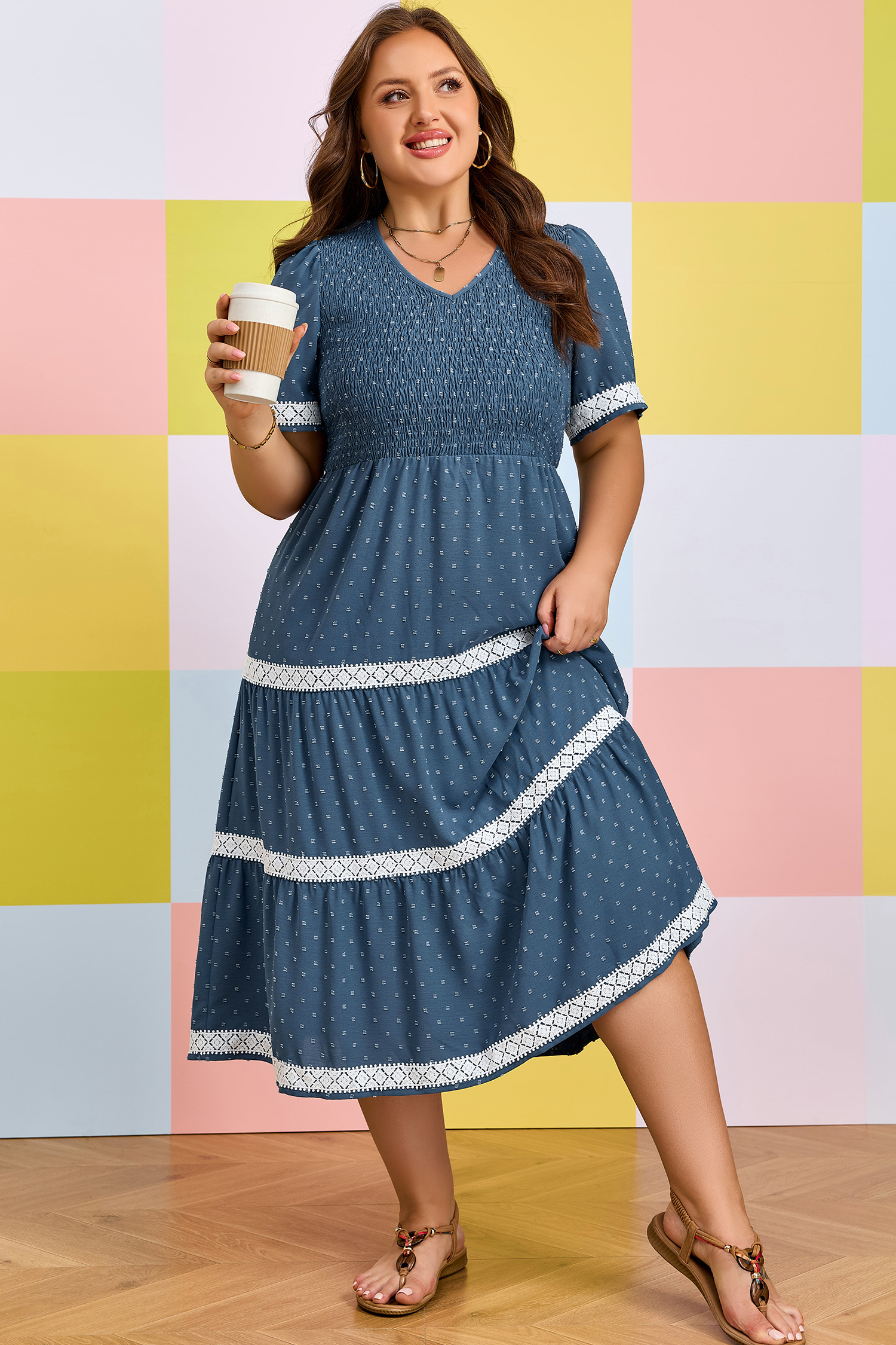Plus Size Dusk Blue  V Neck Swiss Dot Lace Patchwork Detail Flared Midi Dress