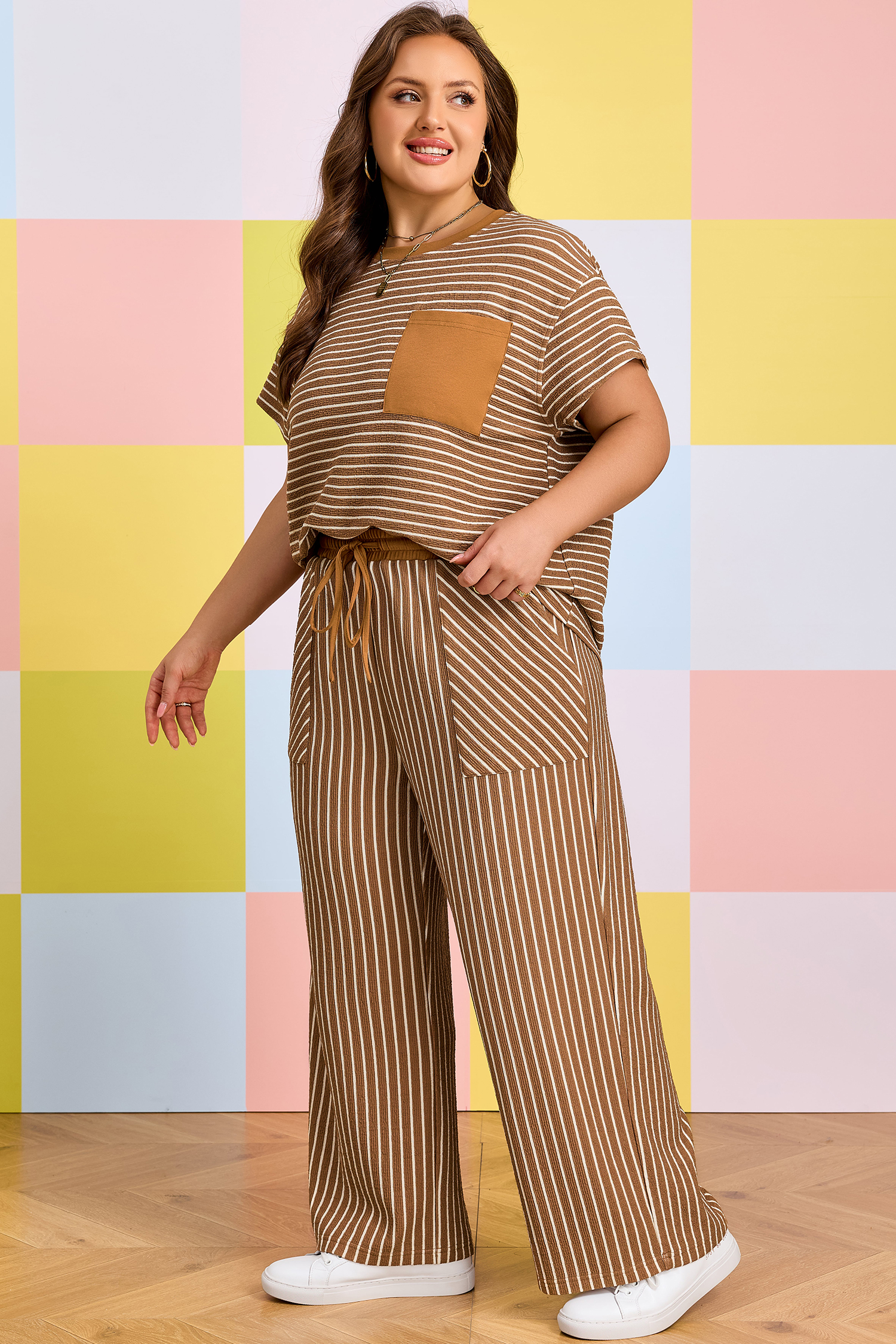 Plus Size Khaki Stripe  Striped Colorblock Pocket Lounge Set