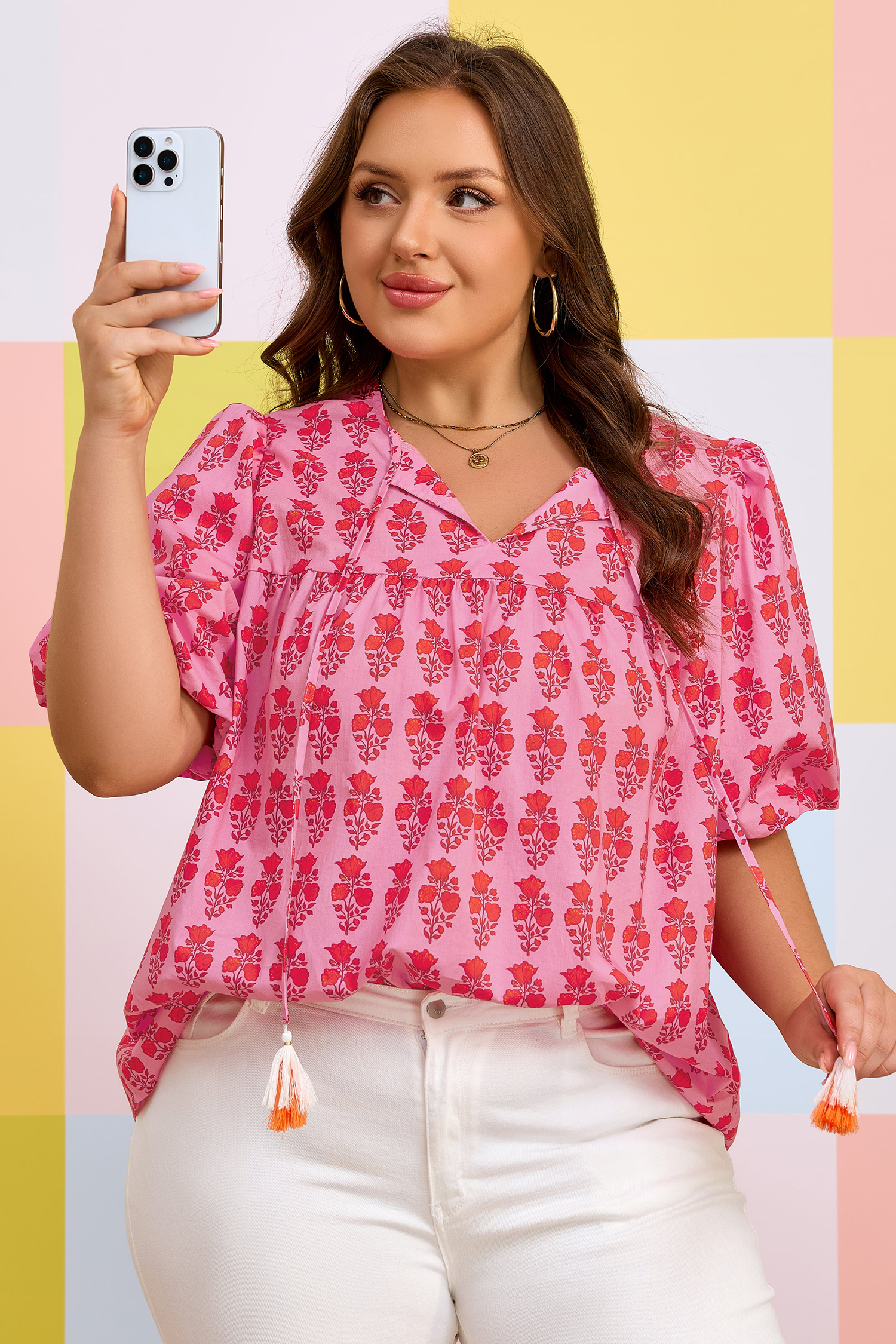 Plus Size Pink  Floral Print Tassel Tie Puff Sleeve Cotton Blouse